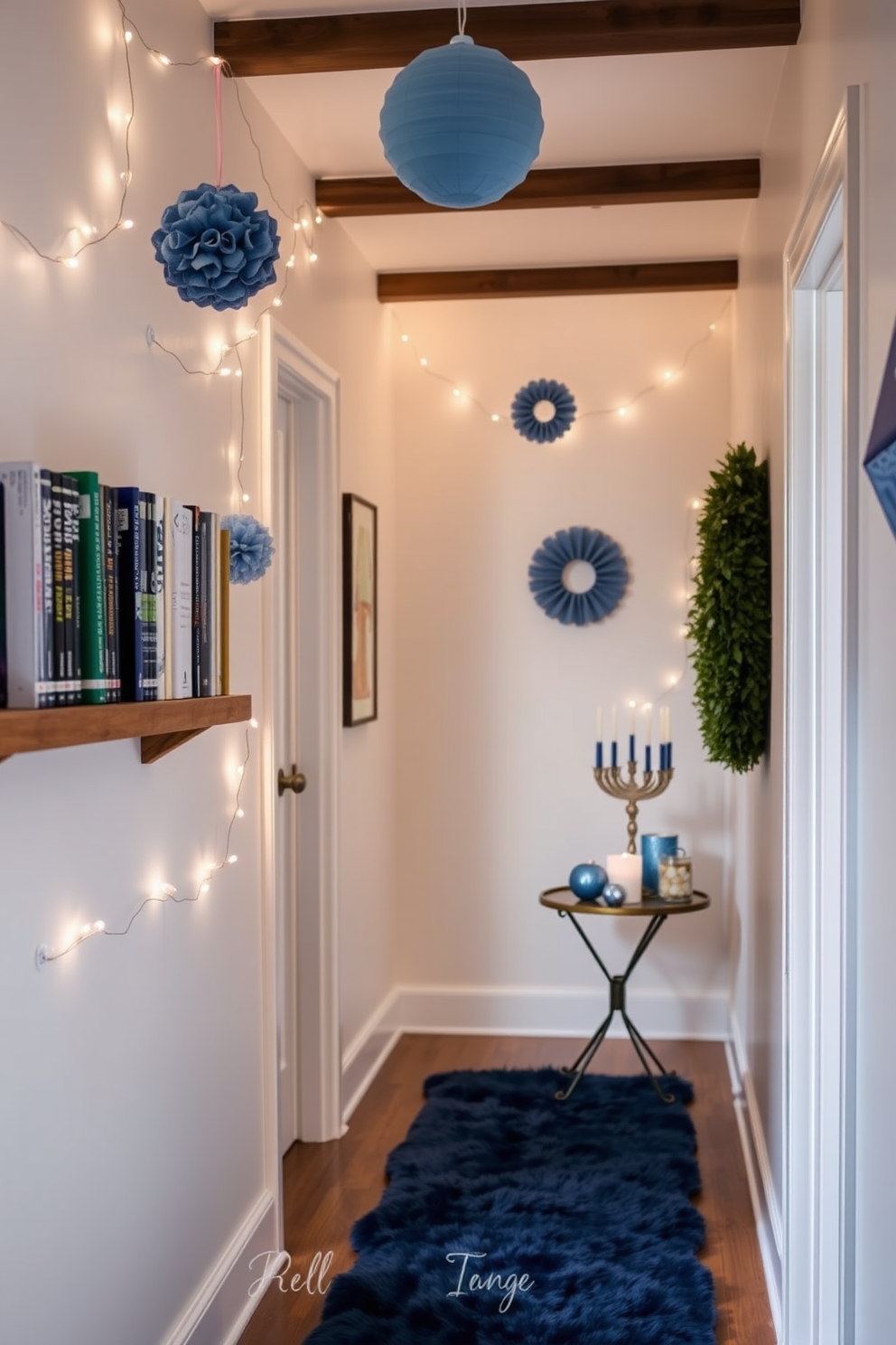 Create a cozy hallway adorned with Hanukkah-themed books displayed on a wooden shelf. Soft blue and silver decorations hang from the walls, complementing the warm glow of string lights. Incorporate a decorative menorah on a side table, surrounded by festive candles. A plush runner in a deep blue hue leads the way, inviting guests to explore the holiday spirit.