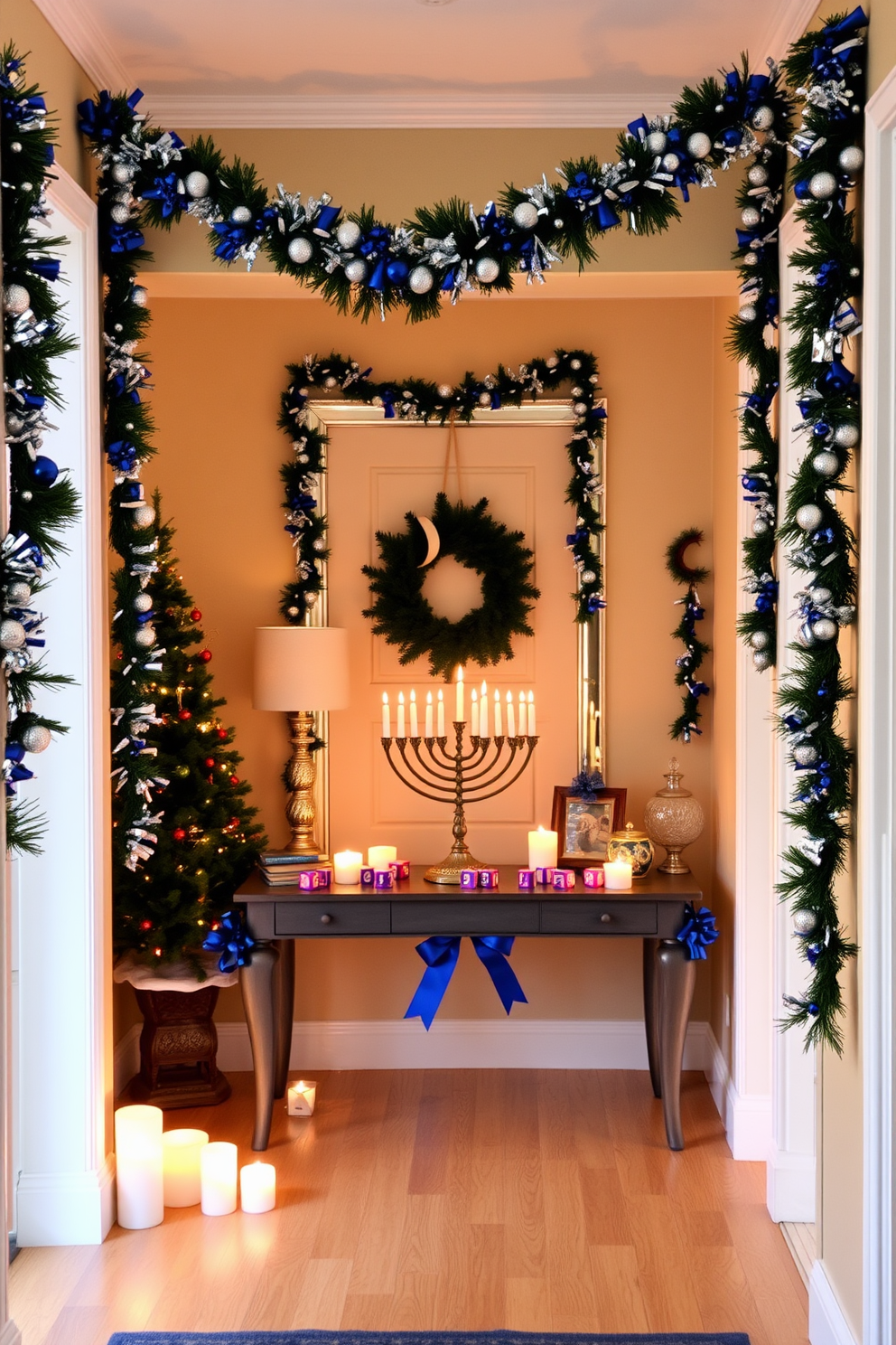 Seasonal scent candles for festive ambiance. The warm glow of the candles illuminates the room, creating a cozy atmosphere filled with notes of cinnamon and pine. Hallway Hanukkah decorating ideas. Strands of blue and silver garlands drape along the walls, while a menorah takes center stage on a console table adorned with dreidels and festive decorations.