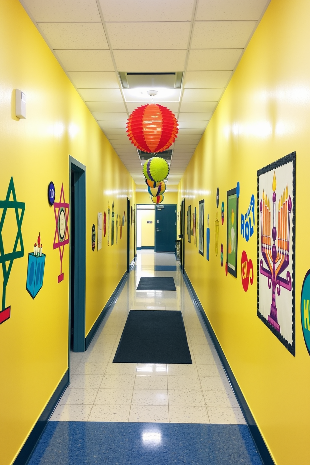 Lively artwork featuring Hanukkah symbols adorns the walls of a bright and inviting hallway. The space is enhanced by colorful decorations such as dreidels and menorahs, creating a festive atmosphere.