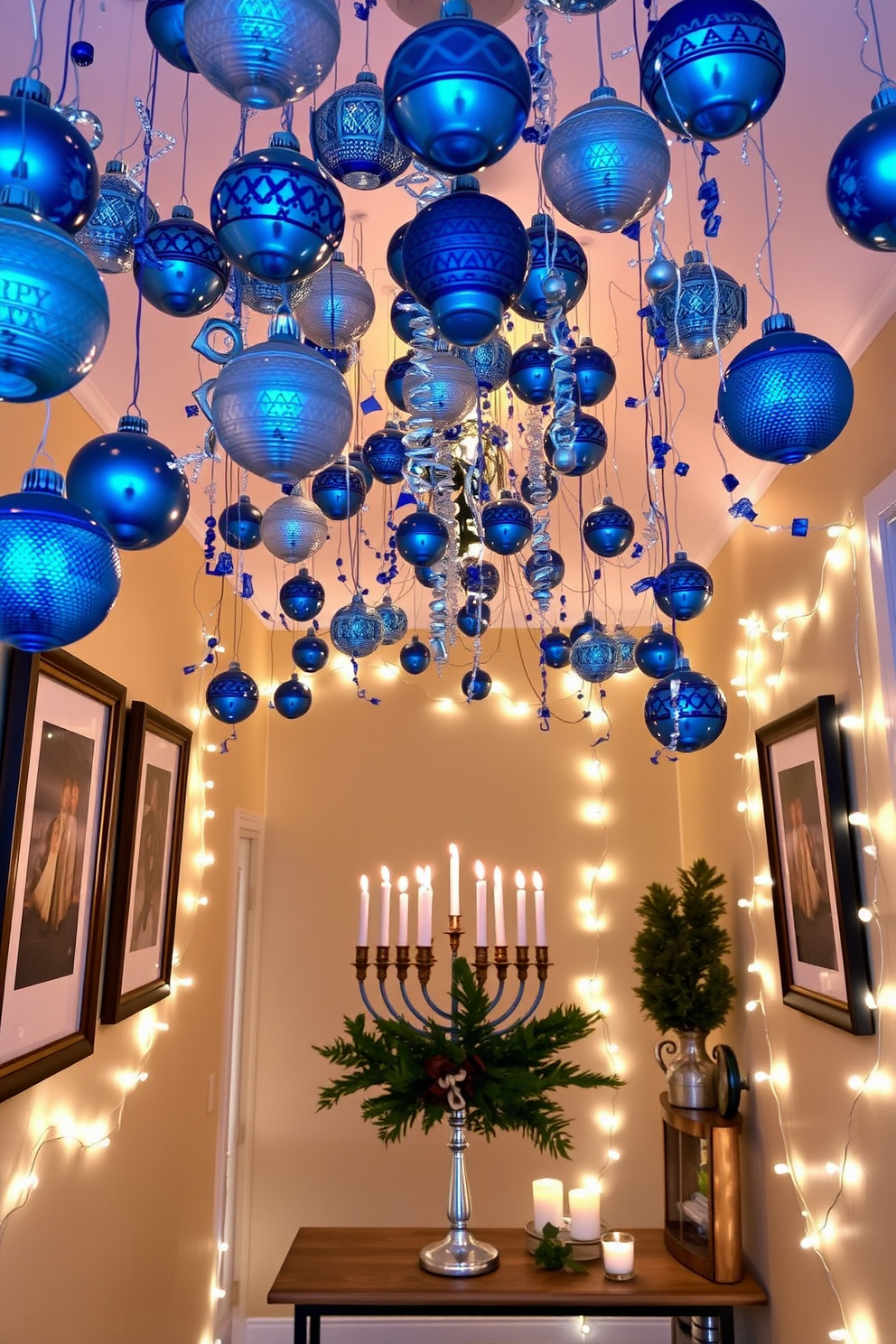 Create a warm and inviting hallway adorned with hanging ornaments that reflect the spirit of Hanukkah. The ceiling is draped with a variety of blue and silver decorations, casting a festive glow throughout the space. On the walls, display framed artwork that celebrates Hanukkah traditions, complemented by soft white string lights. A beautiful menorah sits on a console table, surrounded by fresh greenery and candles to enhance the festive atmosphere.