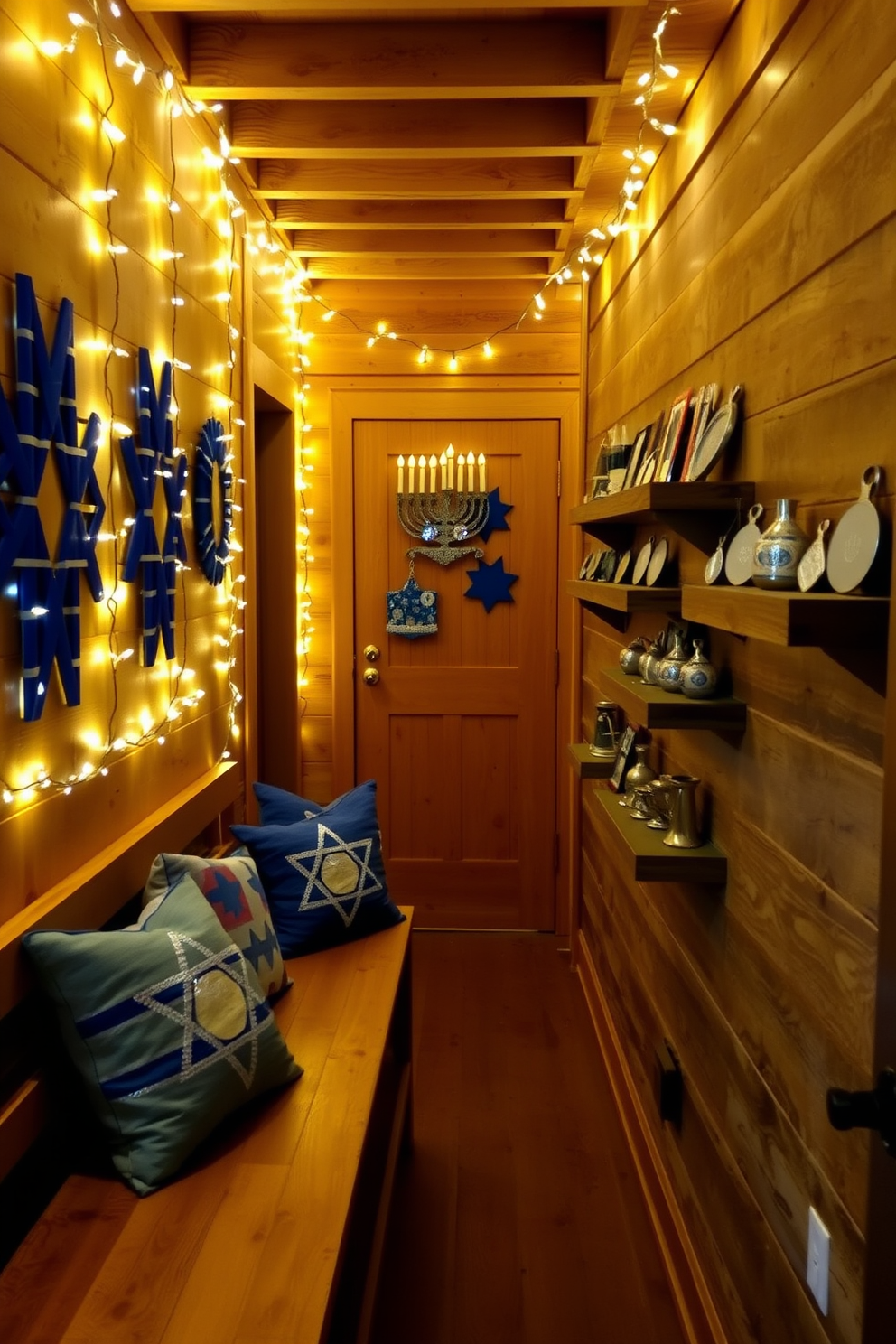 A warm and inviting hallway adorned with rustic wooden accents. Twinkling fairy lights are draped along the walls, complementing handmade Hanukkah decorations in vibrant blues and silvers. A wooden bench sits against one wall, topped with cozy throw pillows featuring Star of David patterns. On the opposite wall, a collection of menorahs and dreidels are displayed on rustic shelves, creating a festive focal point.