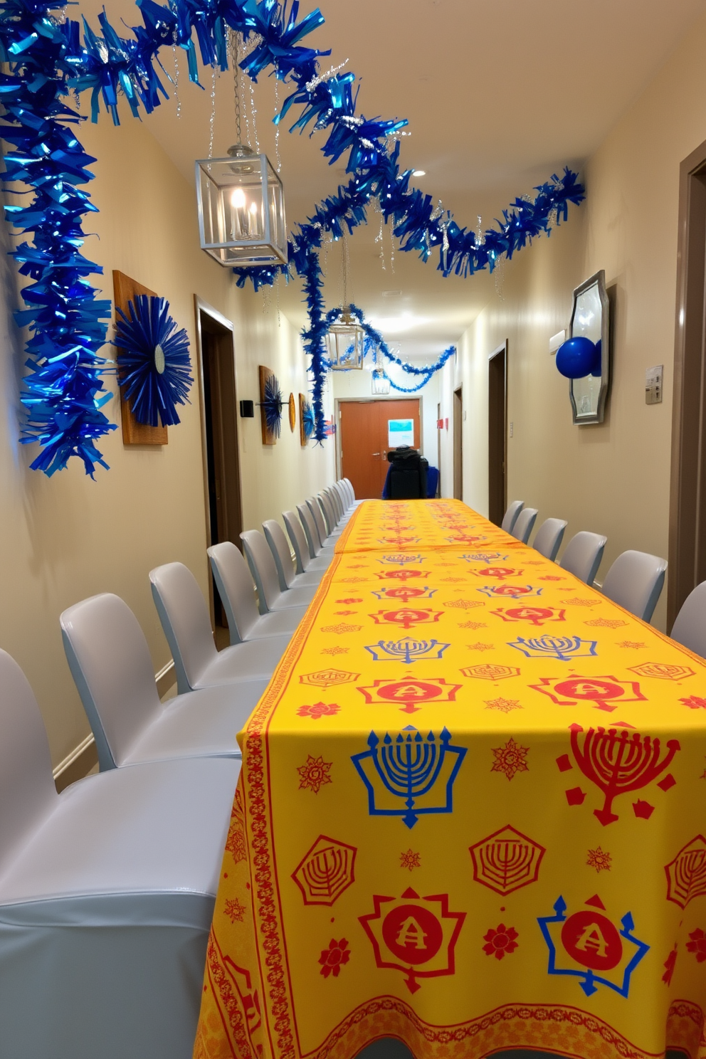 Brightly colored tablecloth with festive prints drapes elegantly over a long dining table. The vibrant patterns feature traditional symbols of Hanukkah, creating a cheerful and inviting atmosphere. The hallway is adorned with blue and silver decorations, including hanging garlands and menorah-themed accents. Soft lighting casts a warm glow, enhancing the festive spirit throughout the space.