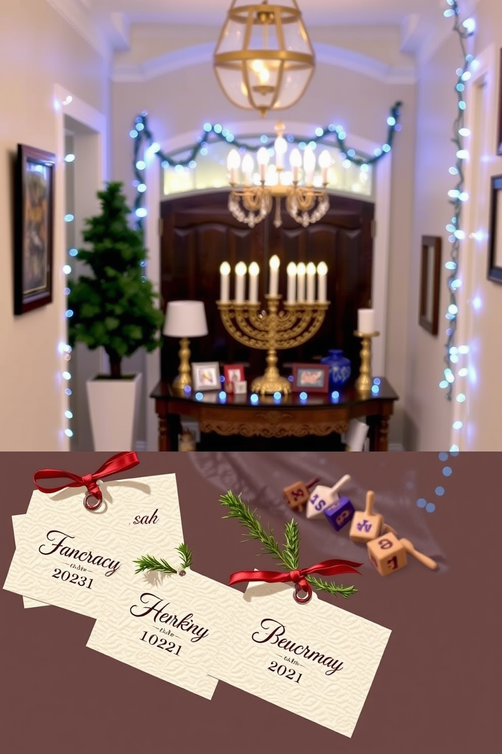 Personalized name tags for holiday guests. Each tag features elegant calligraphy on a textured cardstock, adorned with a small sprig of evergreen and a festive ribbon. Hallway Hanukkah decorating ideas. The space is illuminated with soft blue and white lights, complemented by a beautiful menorah displayed on a console table surrounded by decorative dreidels.