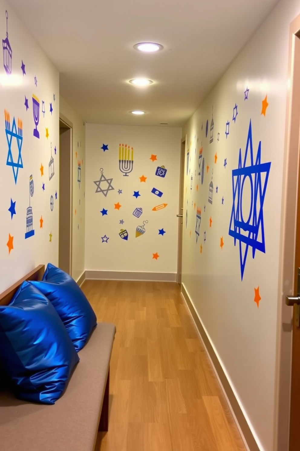 Festive wall decals in vibrant colors adorn the hallway, bringing a cheerful atmosphere to the space. The decals feature traditional Hanukkah symbols such as menorahs, dreidels, and stars, creating a playful yet elegant display. Soft lighting enhances the festive mood, casting a warm glow on the decorations. Complementary accents like blue and silver throw pillows on a nearby bench invite guests to pause and enjoy the holiday spirit.