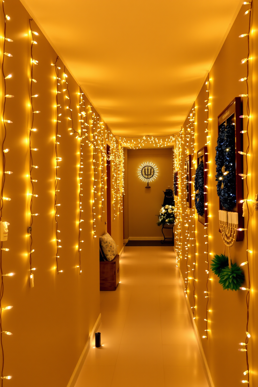 A cozy hallway adorned with twinkling fairy lights that gracefully line the walls, creating a warm and inviting atmosphere. The soft glow of the lights complements festive Hanukkah decorations, including blue and silver accents that enhance the holiday spirit.