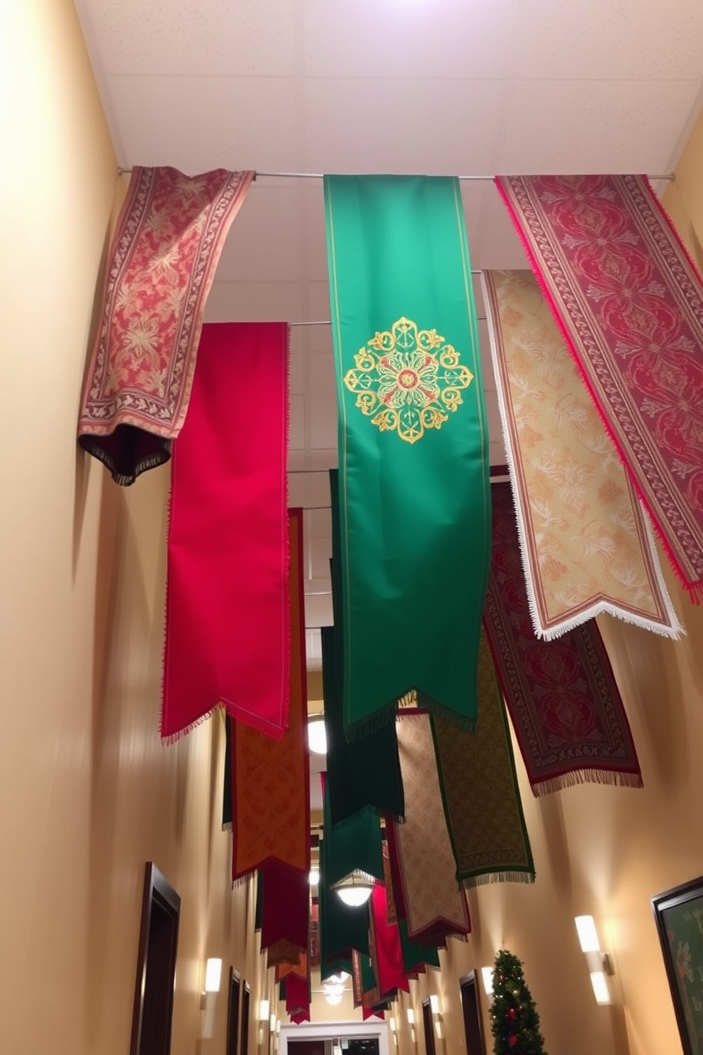 Vibrant fabric banners drape elegantly from the ceiling, creating a festive atmosphere in the hallway. The banners feature a mix of rich colors and intricate patterns, enhancing the holiday spirit and inviting warmth into the space.