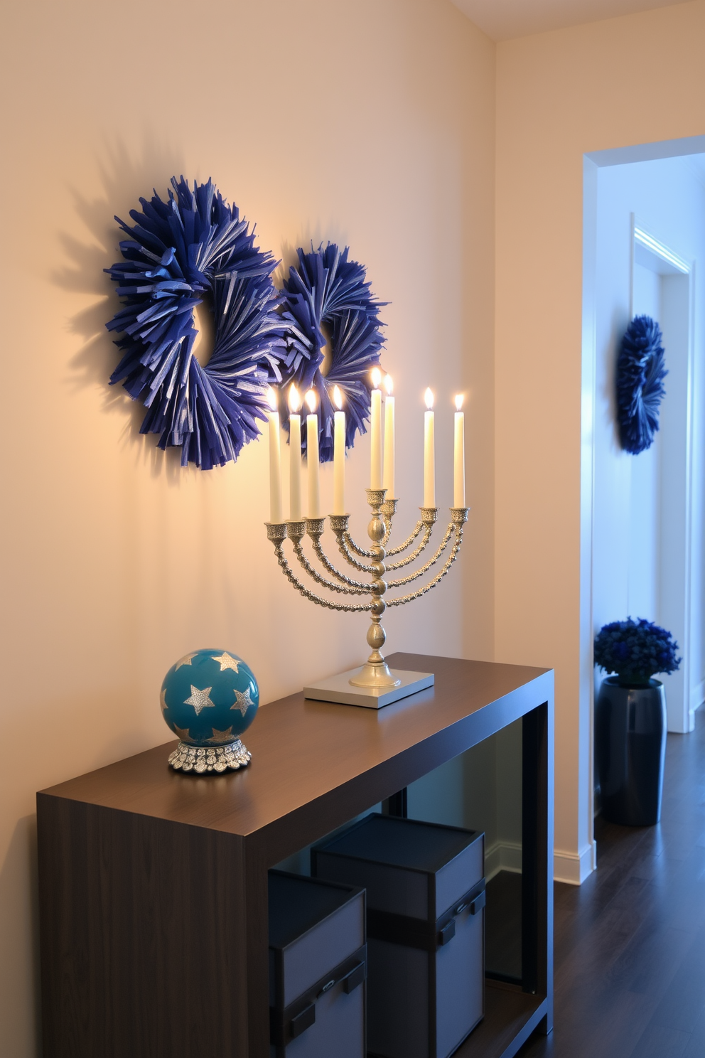 A decorative menorah sits elegantly on a sleek console table, its candles lit and casting a warm glow. The hallway is adorned with festive Hanukkah decorations, including blue and silver accents that complement the menorah beautifully.