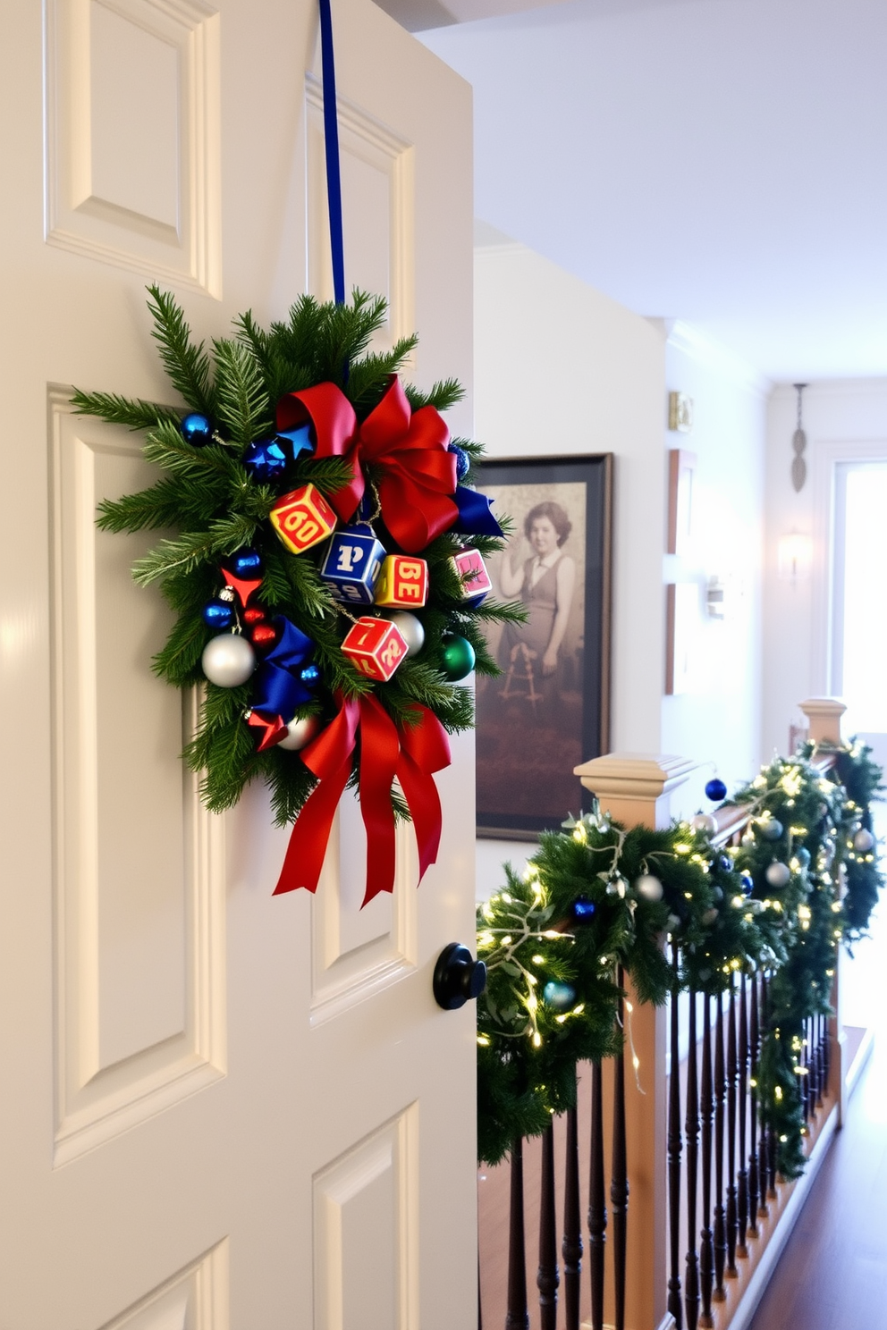 A festive wreath adorned with colorful dreidel accents hangs on the front door, welcoming guests with a cheerful holiday spirit. The wreath features a mix of evergreen branches, vibrant ribbons, and shiny dreidels, creating a joyful centerpiece for Hanukkah celebrations. Inside the hallway, decorative garlands drape along the banister, interspersed with twinkling lights and small Star of David ornaments. Elegant blue and silver accents throughout the space enhance the festive atmosphere, inviting warmth and joy during the holiday season.