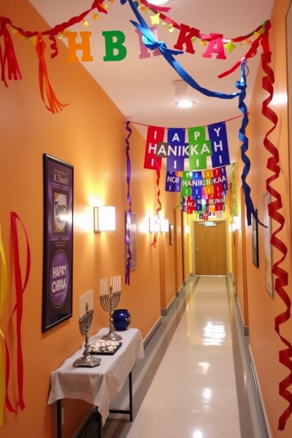 Colorful Hanukkah banners and streamers adorn the walls of a cheerful hallway. The vibrant decorations create a festive atmosphere, inviting guests to celebrate the holiday spirit. Soft, warm lighting enhances the colorful display, casting a cozy glow throughout the space. A small table at the end of the hallway features a decorative menorah and festive treats, adding to the holiday charm.