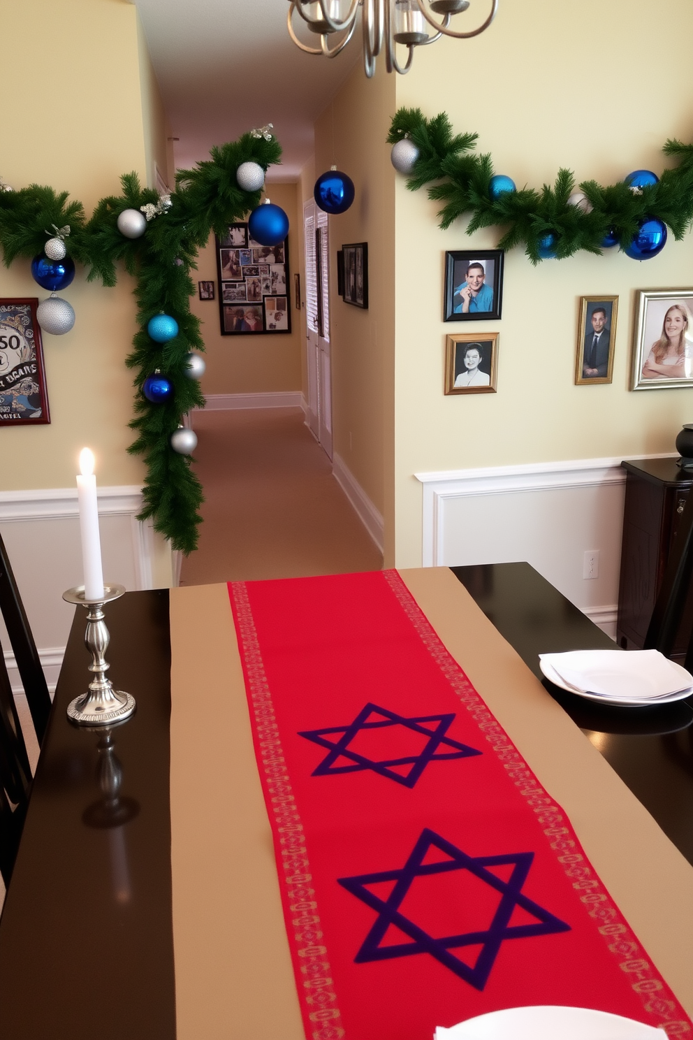 A beautifully set dining table features a vibrant table runner adorned with a Star of David motif, creating a festive atmosphere for the celebration. Soft candlelight flickers from elegant candlesticks positioned on either side, enhancing the warmth of the Hanukkah gathering. The hallway is tastefully decorated with garlands of greenery interspersed with blue and silver ornaments that reflect the holiday spirit. A series of framed family photos celebrating past Hanukkah memories line the walls, inviting guests to share in the joy of the season.