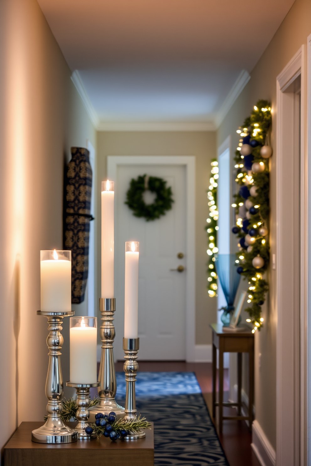 Chic candle holders in varied heights create an elegant focal point in the hallway. The soft glow of the candles enhances the festive atmosphere, complementing the seasonal decorations. For Hanukkah, the hallway is adorned with blue and silver accents that reflect the holiday's spirit. Subtle string lights intertwine with garlands, adding warmth and charm to the decor.