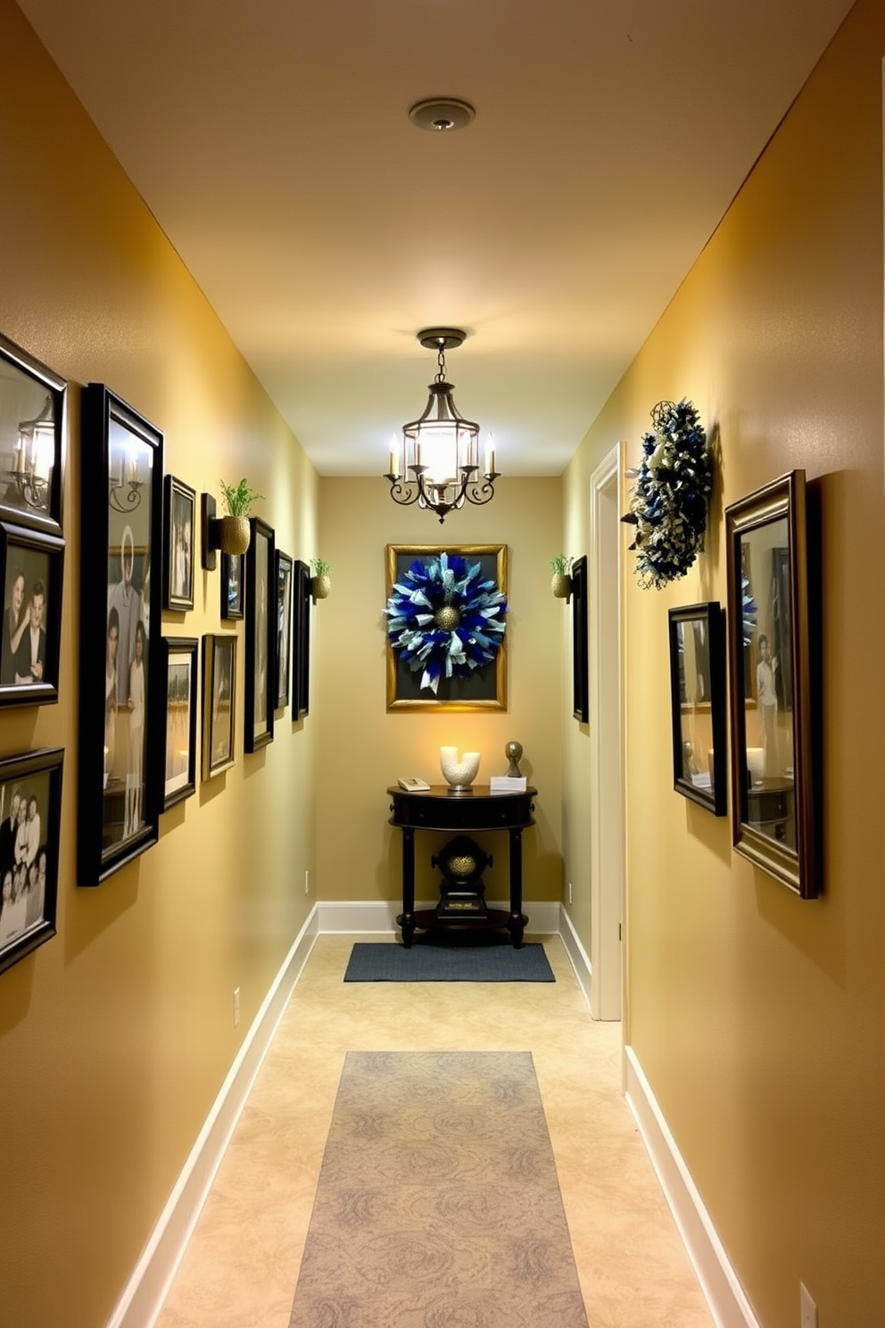 Create a warm and inviting hallway adorned with framed family photos celebrating Hanukkah. The walls are lined with festive decorations, including blue and silver accents, and soft lighting enhances the cozy atmosphere.