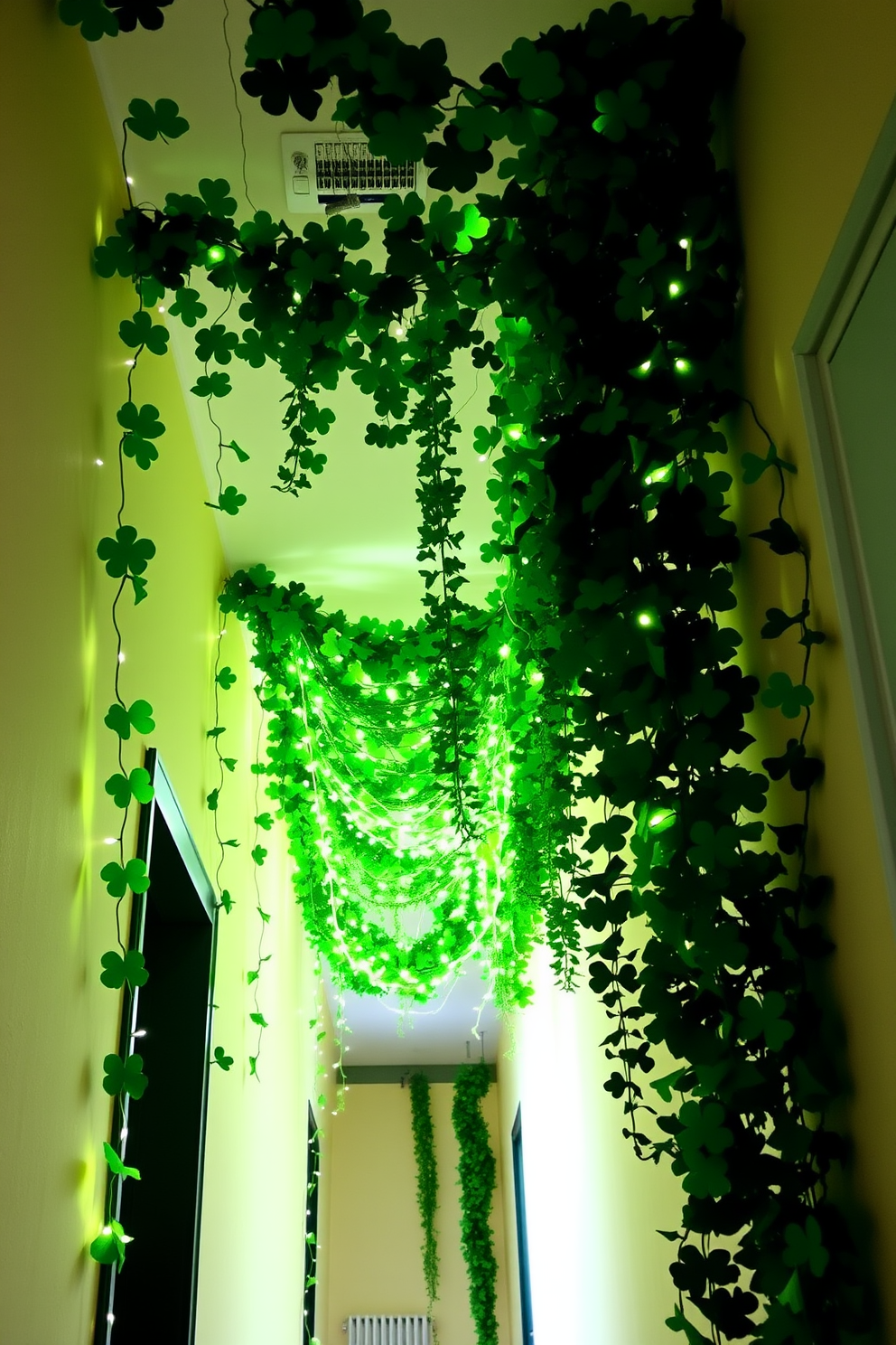 A vibrant hallway adorned with lush green garlands featuring shamrocks cascading down the walls. The garlands are interspersed with twinkling fairy lights, creating a festive atmosphere perfect for St. Patrick's Day celebrations.