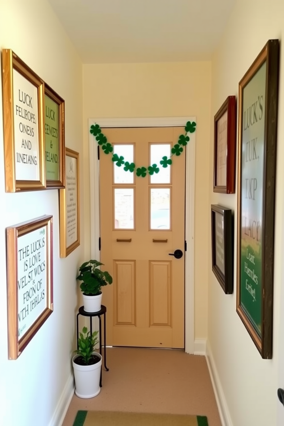 A charming hallway adorned with framed quotes about luck and Ireland. The walls are painted in a soft cream color, and the frames are a mix of vintage wood and gold finishes. Decorative elements include green and gold accents to celebrate St. Patrick's Day. A festive garland of shamrocks hangs above the door, while small potted plants add a touch of freshness to the space.