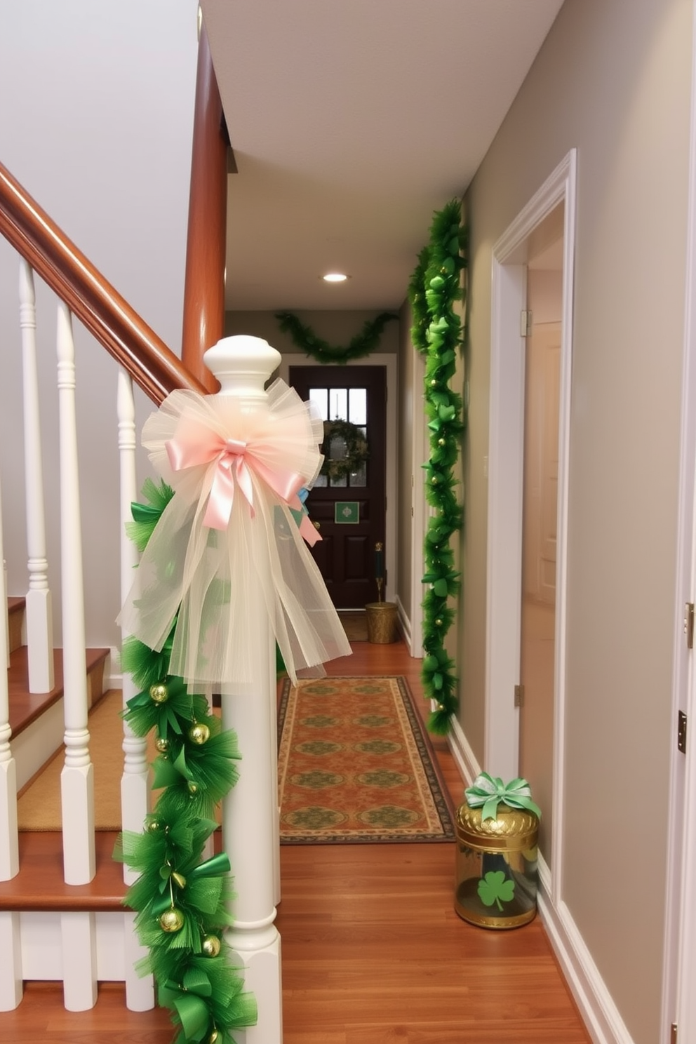 Tulle bows in soft pastel colors are elegantly tied around the stair railings, adding a whimsical touch to the space. The bows create a charming focal point, enhancing the overall decor with their delicate texture. For St. Patrick's Day, the hallway is adorned with festive green garlands and shamrock-themed accents. A welcoming display of gold and green decorations invites guests to celebrate the holiday spirit.