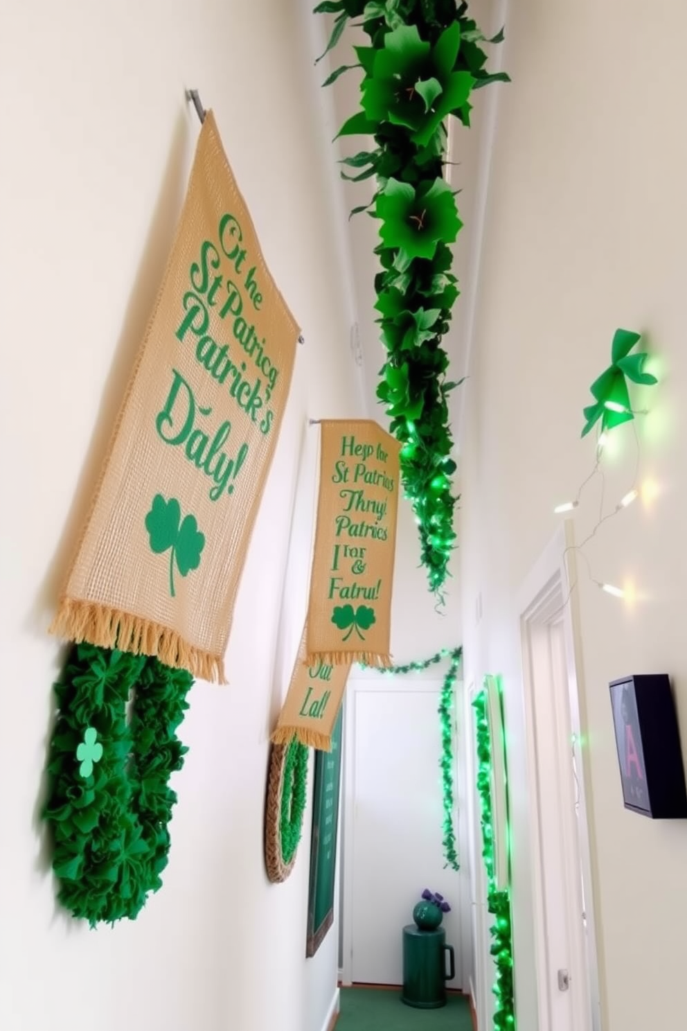 Burlap banners adorned with festive St Patrick's Day messages hang gracefully along the hallway, creating a warm and inviting atmosphere. The natural texture of the burlap complements the vibrant green decor, enhancing the celebratory spirit of the holiday. In this hallway, additional decorations include shamrock garlands and twinkling fairy lights, adding a magical touch to the St Patrick's Day theme. The combination of rustic elements and cheerful accents transforms the space into a delightful festive corridor.