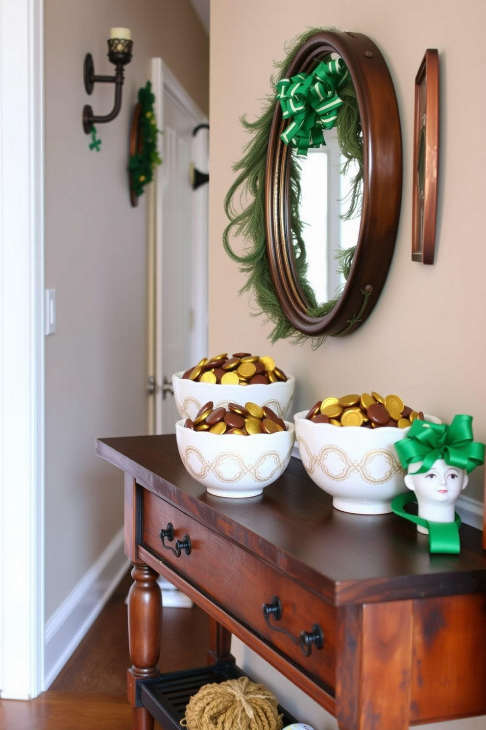 Decorative bowls filled with chocolate coins are arranged on a rustic wooden console table in a cozy hallway. The walls are adorned with green and gold accents, creating a festive atmosphere for St. Patrick's Day.