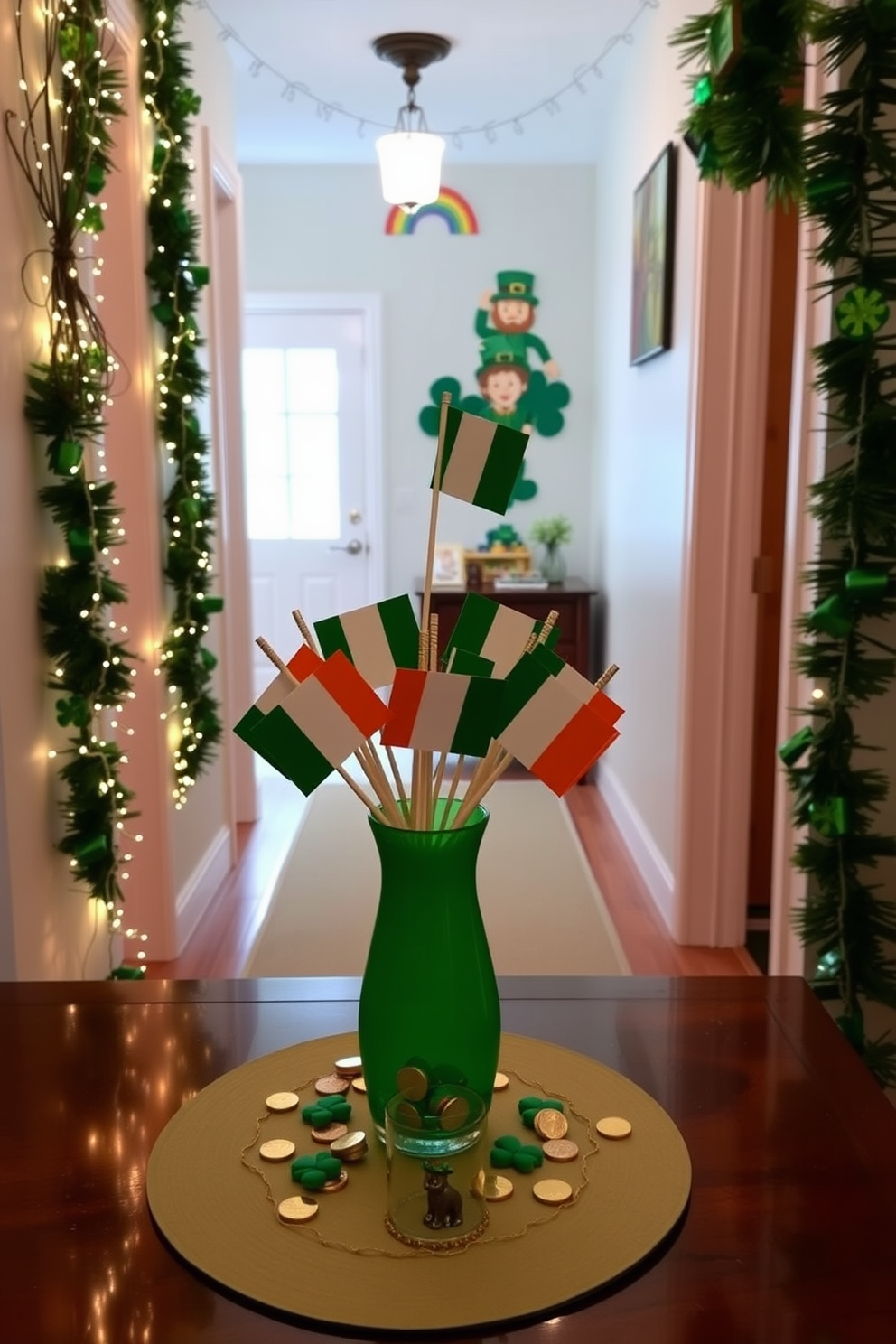 A charming tabletop display featuring mini Irish flags arranged in a vibrant green vase. The flags are complemented by small decorative elements like gold coins and shamrocks scattered around the base. The hallway is adorned with festive St. Patrick's Day decorations. Green garlands and twinkling fairy lights create a welcoming atmosphere, while wall art featuring leprechauns and rainbows adds a playful touch.