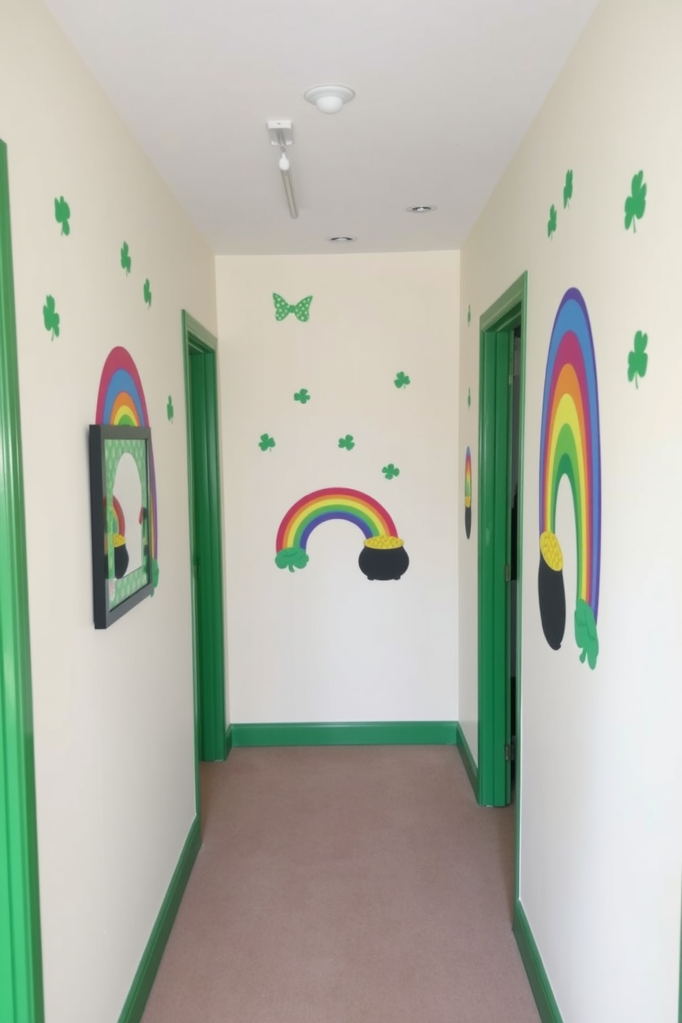 A whimsical hallway adorned with vibrant wall decals featuring rainbows and pots of gold. The walls are painted in a soft pastel hue to complement the cheerful decorations, creating a festive atmosphere for St. Patrick's Day.