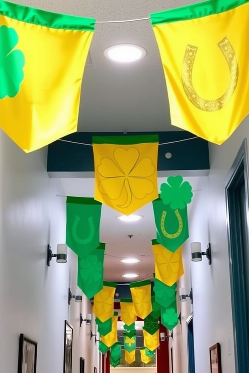 Create a vibrant hallway adorned with hanging fabric banners featuring lucky symbols such as four-leaf clovers and horseshoes. The banners are brightly colored in shades of green and gold, creating a festive atmosphere for St. Patrick's Day celebrations.