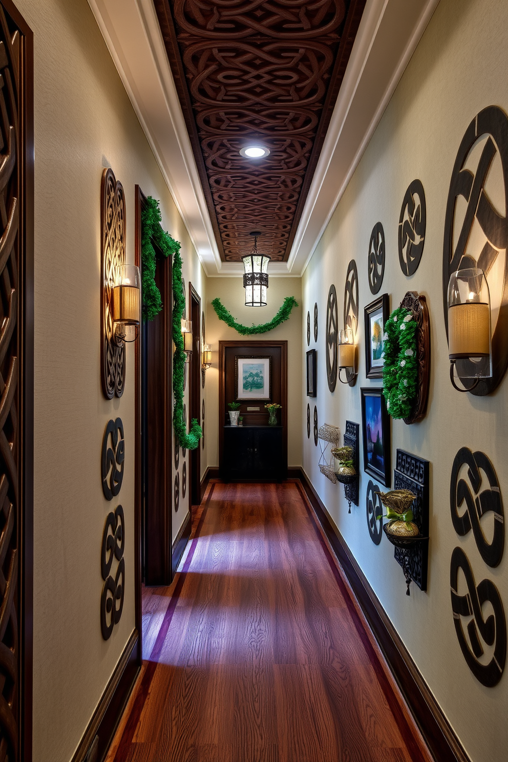 A hallway adorned with intricate Celtic knot designs on the walls creates a unique and inviting atmosphere. The rich textures and patterns are complemented by soft, ambient lighting that highlights the craftsmanship. For St. Patrick's Day, the hallway features tasteful decorations such as green garlands and subtle gold accents. A collection of themed artwork and decorative elements enhances the festive spirit while maintaining an elegant aesthetic.