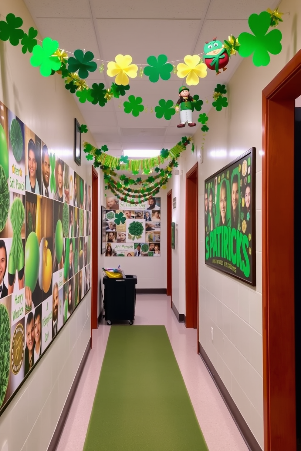 A vibrant St Patrick's Day themed photo collage adorns the hallway walls. The collage features green and gold decorations, shamrocks, and festive images that celebrate the holiday spirit. Colorful garlands of shamrocks and leprechauns hang from the ceiling, adding a playful touch to the space. The floor is adorned with a soft green runner that complements the overall festive theme.