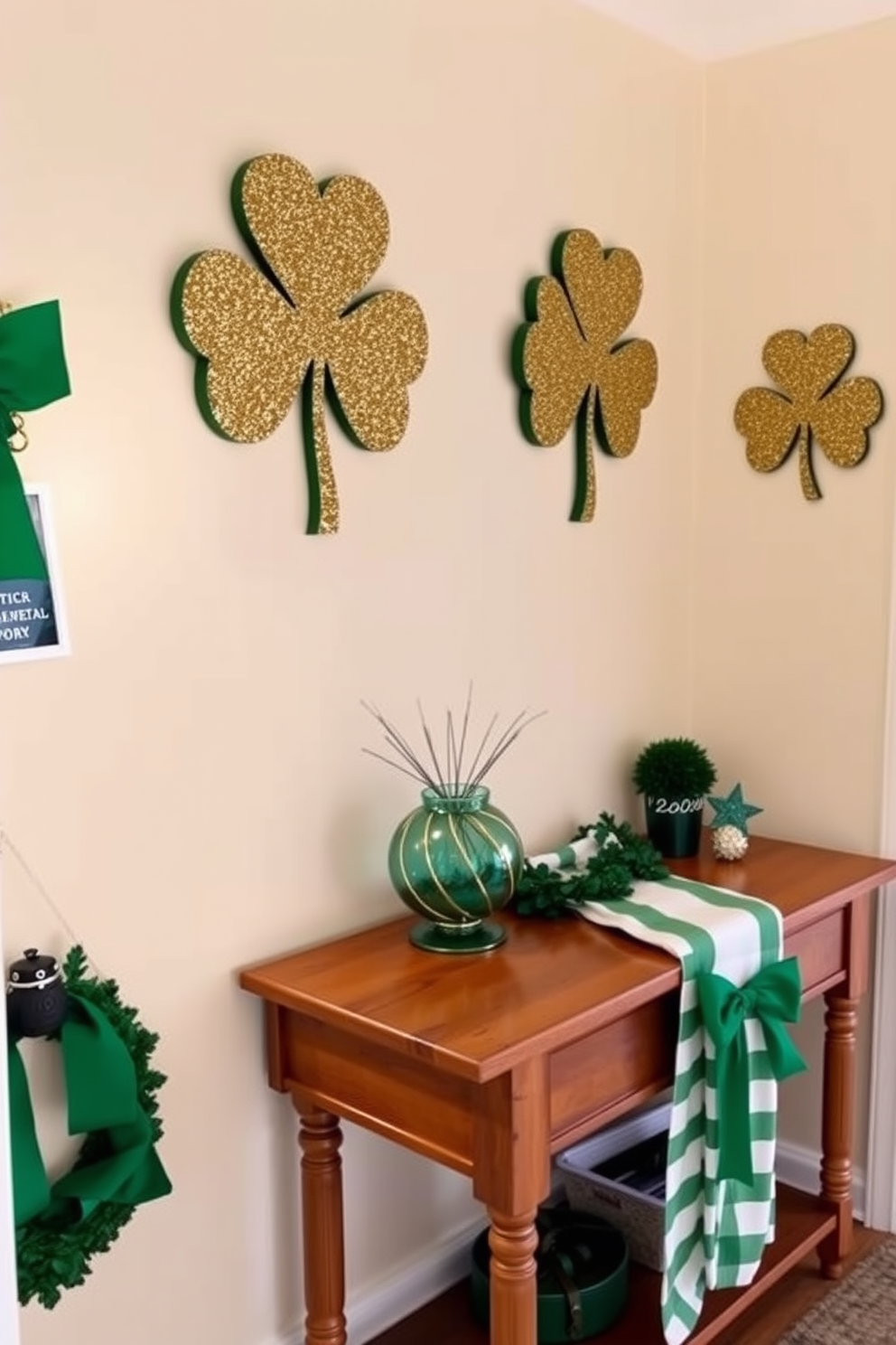 Create a charming hallway decorated for St. Patrick's Day featuring gold glittered shamrock wall art pieces. The walls are painted in a soft cream color, and a warm wooden console table is placed against one side, adorned with festive green accents.