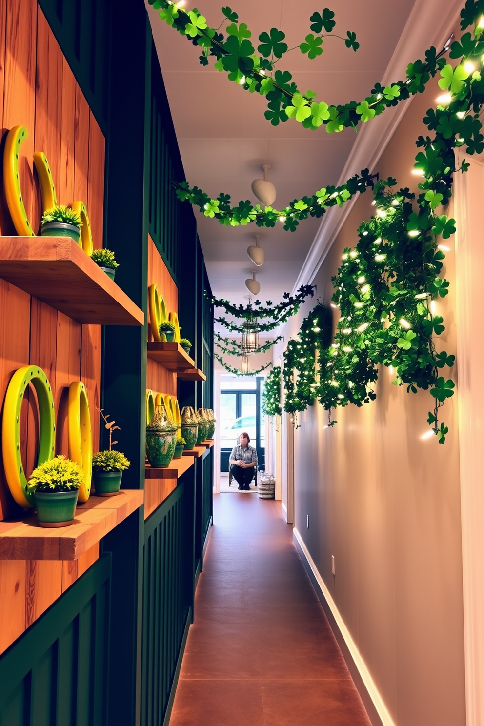 Lucky horseshoes are artfully arranged on rustic wooden shelves, each one painted in vibrant green and gold hues to celebrate St. Patrick's Day. The shelves are adorned with small potted plants and charming decorative items that enhance the festive atmosphere. The hallway is transformed into a welcoming space with garlands of shamrocks hanging from the ceiling, creating a lively and cheerful ambiance. Soft white lights twinkle along the walls, illuminating the path and inviting guests to enjoy the holiday spirit.