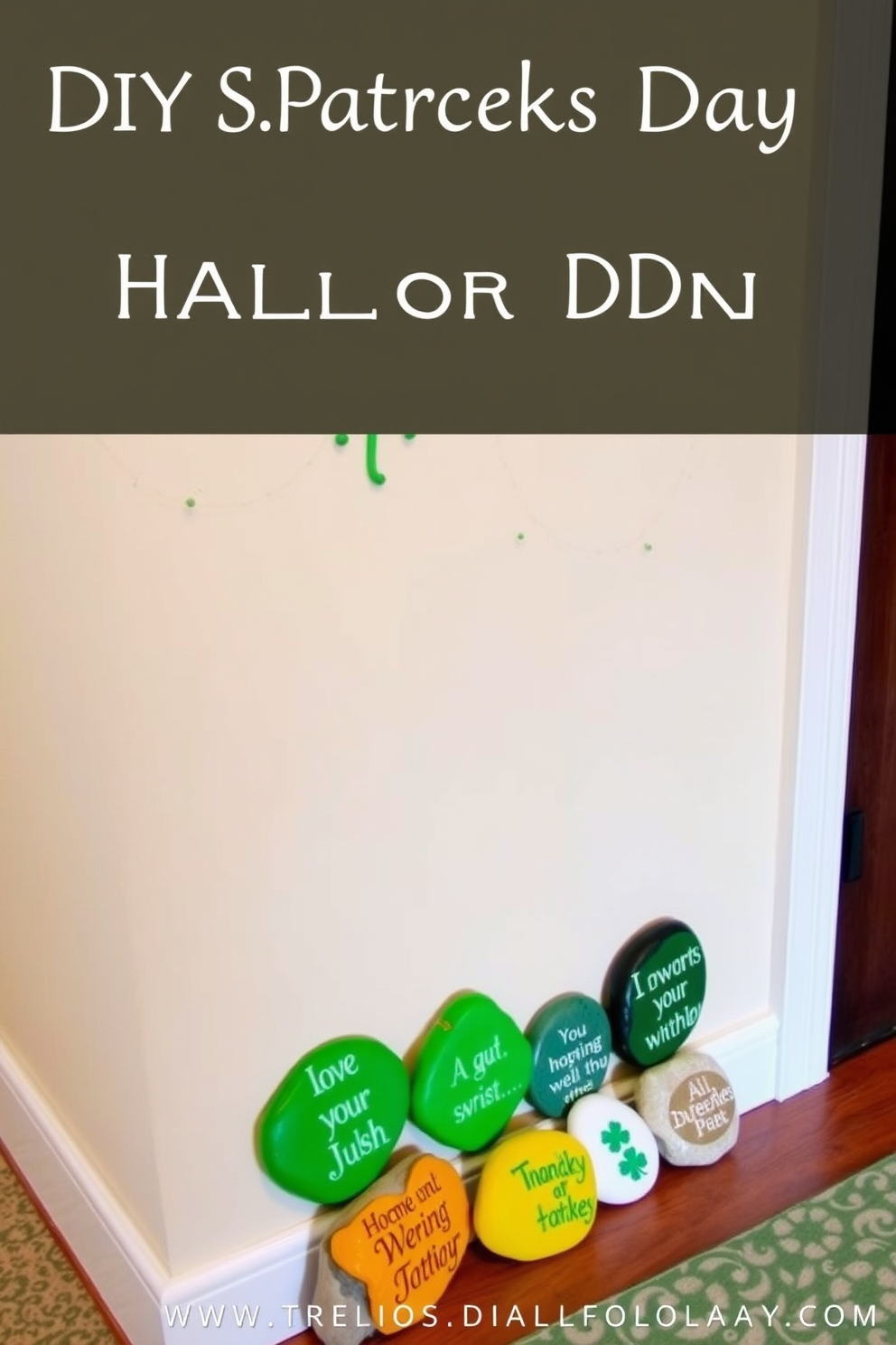 A charming hallway decorated for St. Patrick's Day features a series of DIY painted rocks adorned with whimsical Irish sayings. The rocks are arranged along the base of the wall, creating a vibrant and festive atmosphere that welcomes guests.