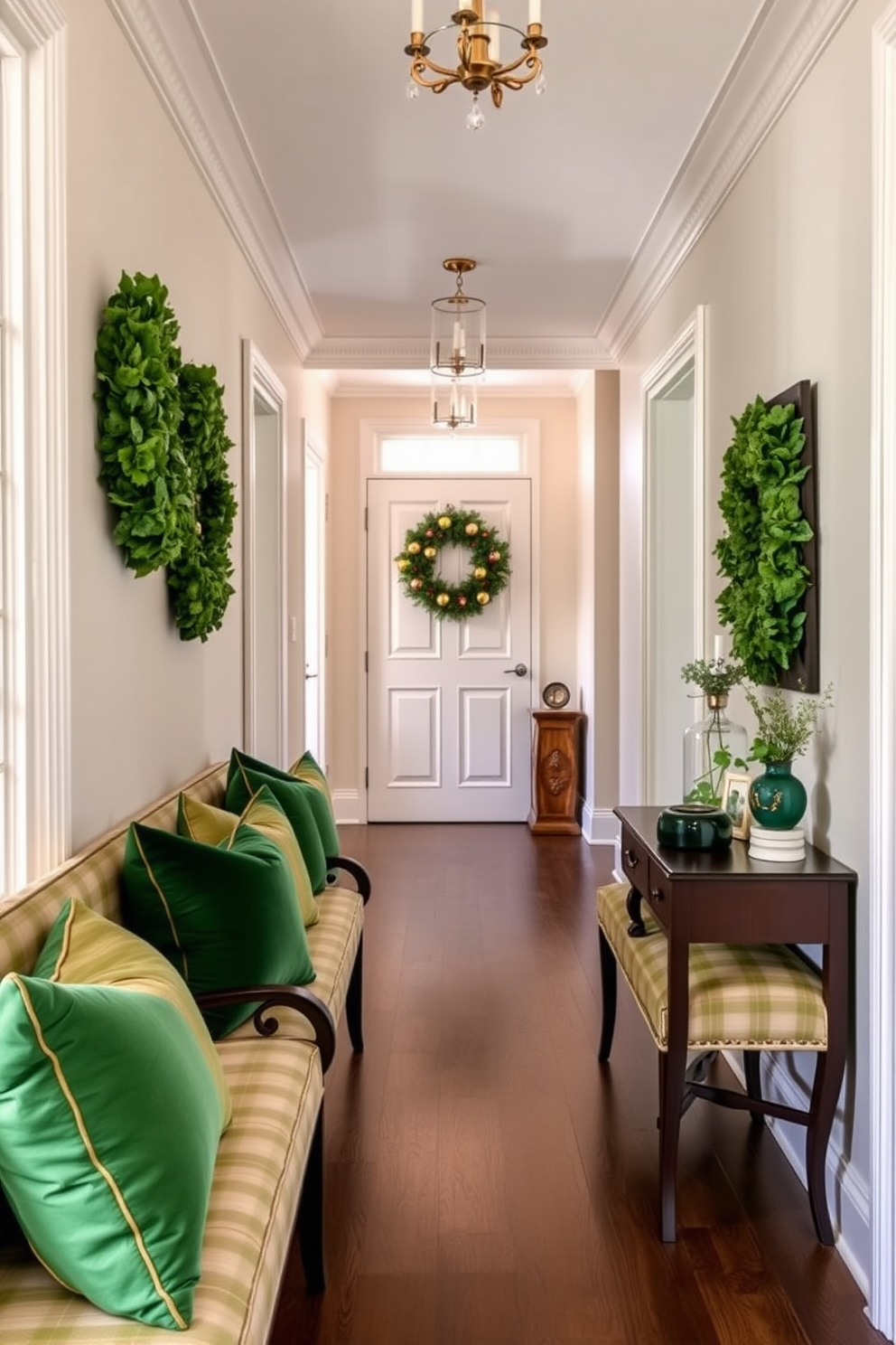 A stylish hallway adorned with green and gold throw pillows placed on elegant benches. The space features subtle St. Patrick's Day decorations, including tasteful garlands and small decorative elements that enhance the festive atmosphere.