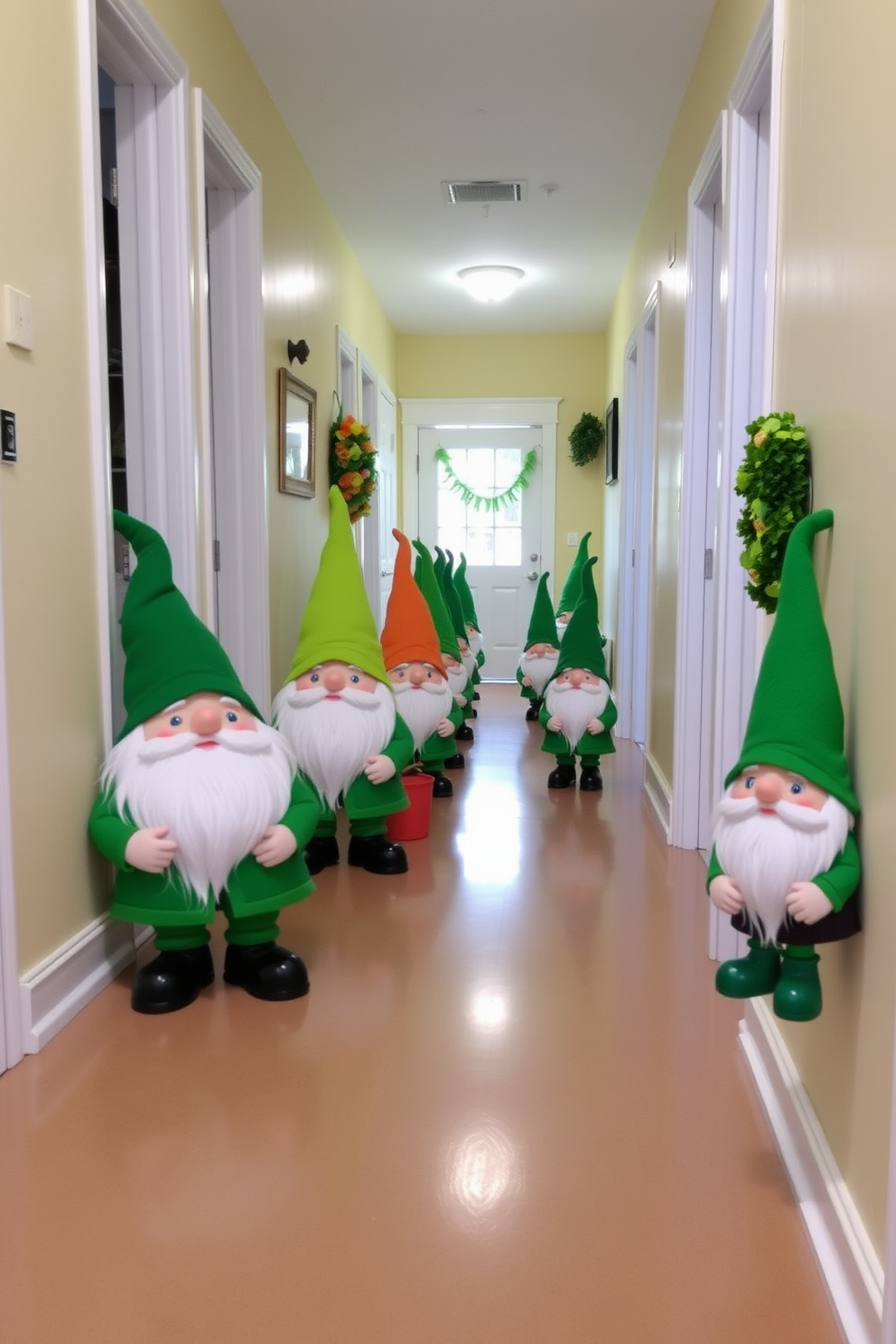 Charming gnome figures are playfully scattered along a welcoming hallway. Each gnome is dressed in vibrant green attire, adding a festive touch to the St. Patrick's Day decor.