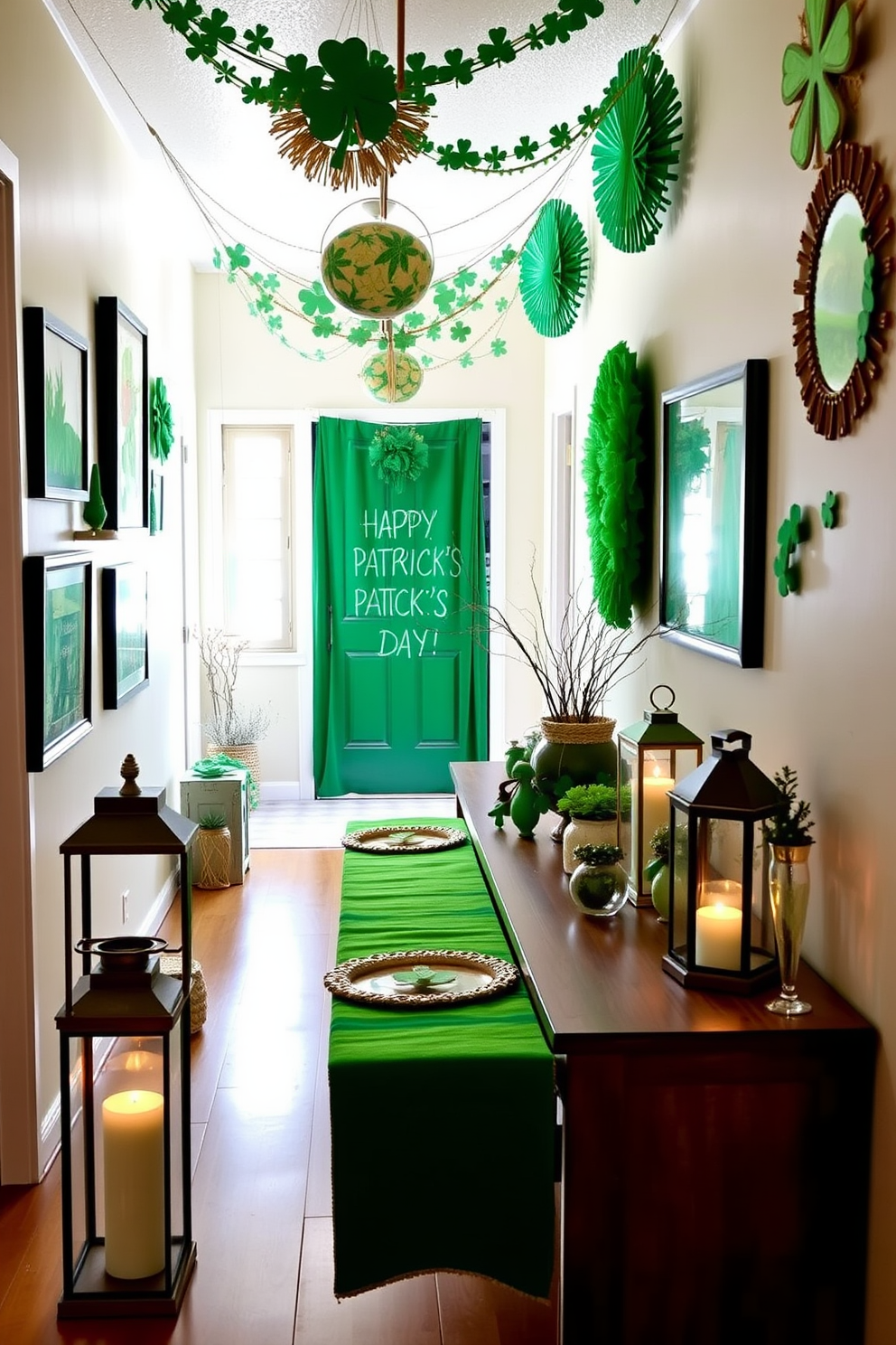 A festive hallway adorned with seasonal artwork celebrating St. Patrick's Day. Green and gold decorations hang on the walls, featuring shamrocks and leprechauns to create a cheerful atmosphere. A long console table is decorated with a vibrant green runner and a collection of themed decor items. Lanterns with flickering candles and small potted plants add warmth and charm to the space.