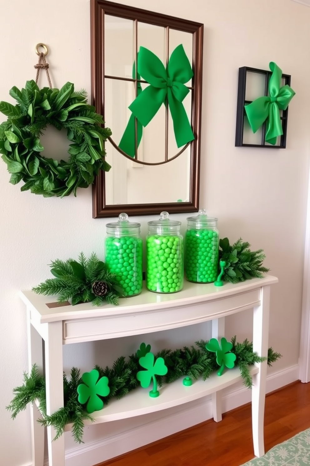 A charming hallway adorned for St. Patrick's Day features decorative jars filled with vibrant green candies. The jars are artfully arranged on a console table, surrounded by festive greenery and small shamrock decorations.