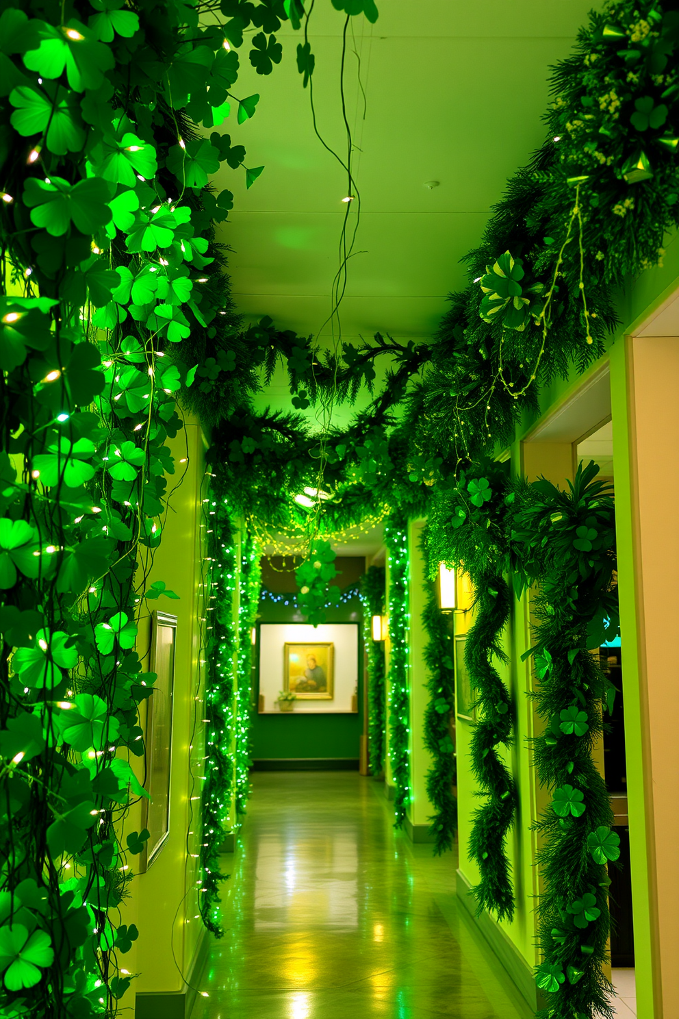 Lush greenery intertwines with delicate fairy lights creating a whimsical atmosphere. The soft glow of the lights enhances the vibrant shades of green, bringing life to the space. In the hallway, festive St. Patrick's Day decorations adorn the walls and floor. Shamrock garlands hang from the ceiling, while cheerful accents of gold and green create a warm, inviting ambiance.