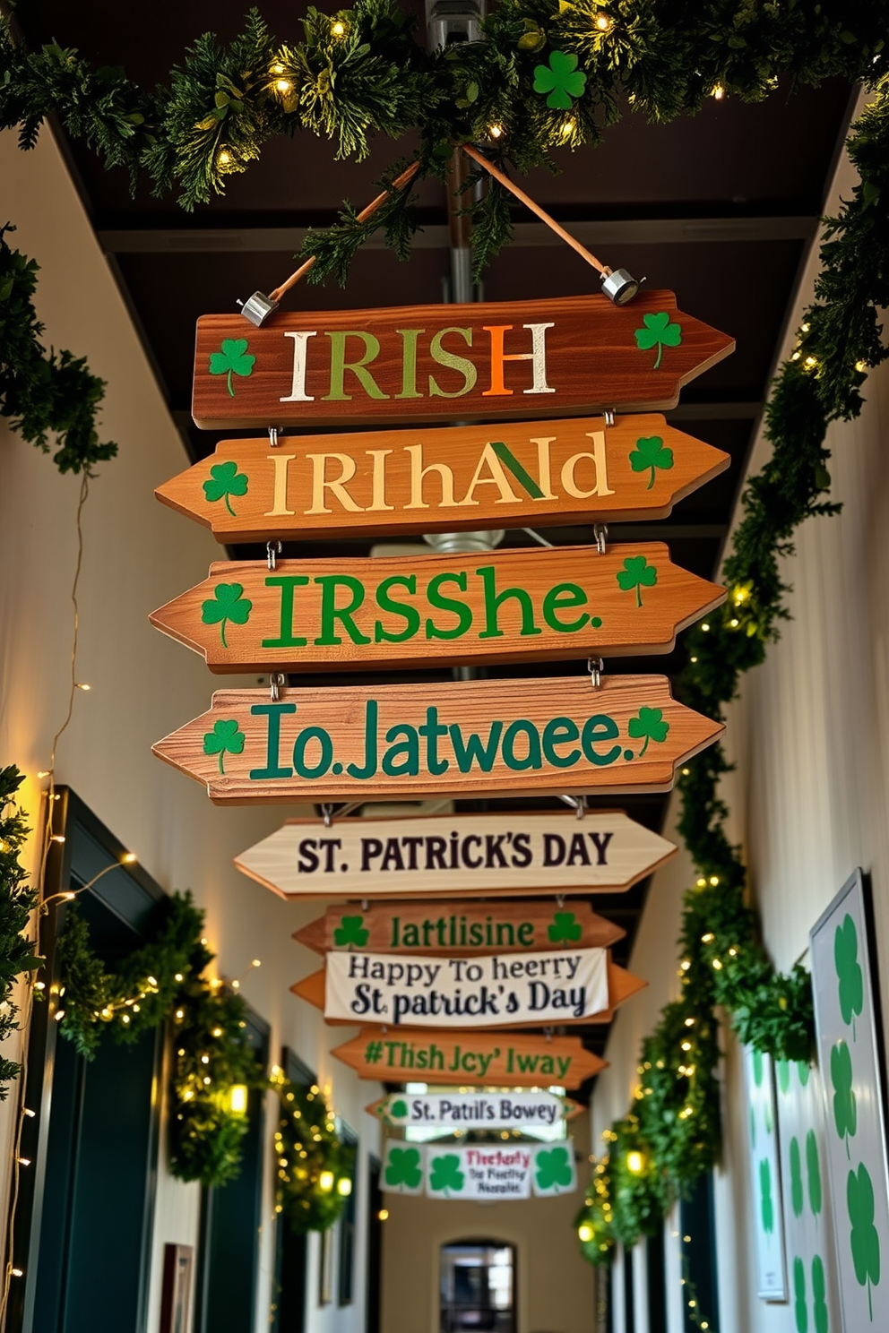 Hanging signs crafted from reclaimed wood direct guests to various Irish destinations, each sign featuring hand-painted lettering in vibrant colors. The signs are adorned with greenery and small shamrocks, creating a festive atmosphere that celebrates St. Patrick's Day. The hallway is decorated with garlands of green and gold, interspersed with twinkling fairy lights. Banners with cheerful St. Patrick's Day messages are suspended from the ceiling, adding a playful touch to the space.