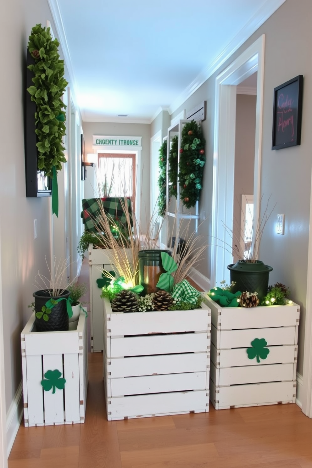 Whitewashed crates filled with seasonal decor create a charming and inviting atmosphere in the hallway. The decor includes green accents, shamrock motifs, and soft lighting to enhance the festive spirit of St. Patrick's Day.