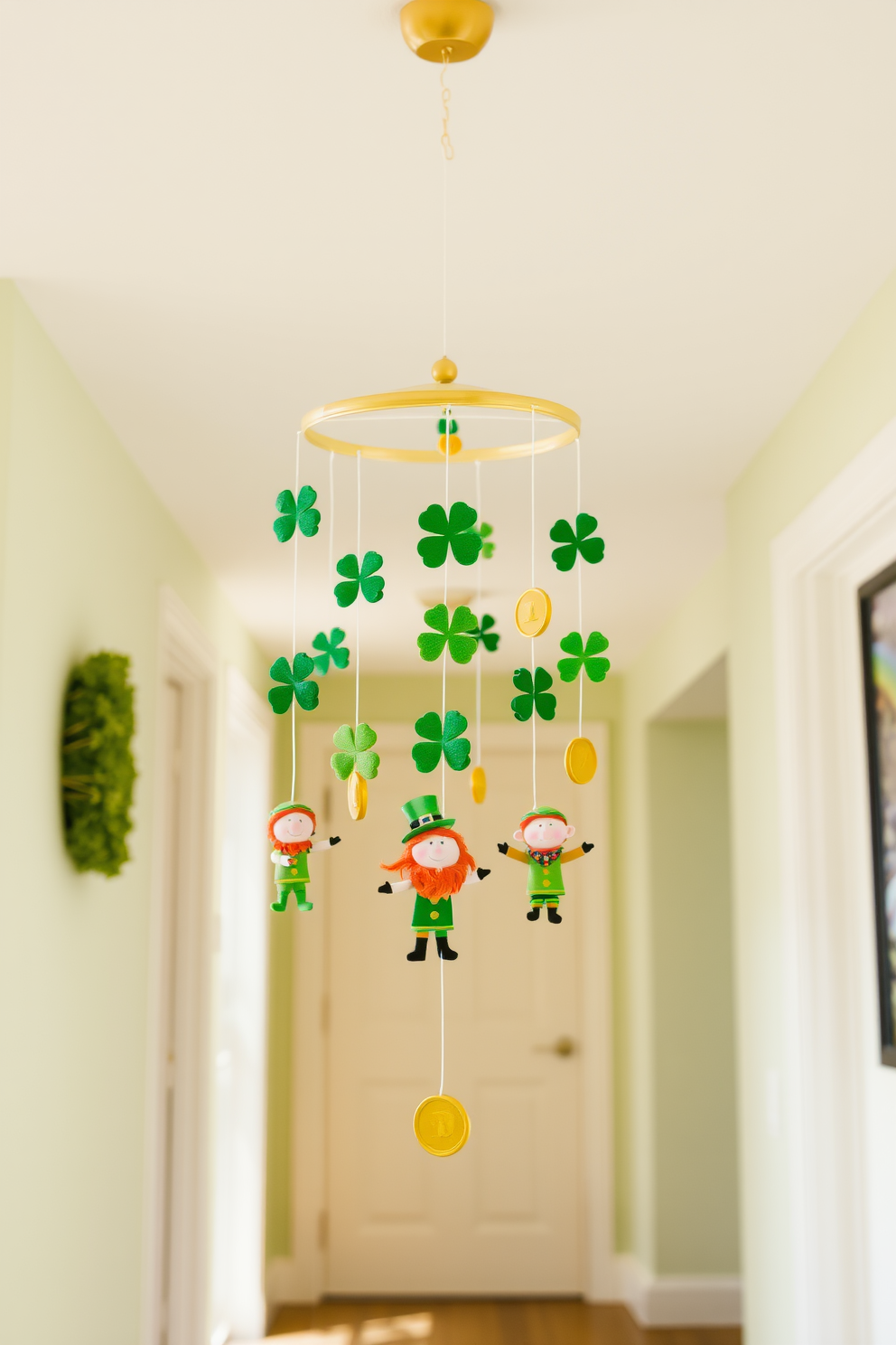 A whimsical lucky charm mobile hangs gracefully from the ceiling in a bright and inviting hallway. The mobile features an assortment of colorful shamrocks, gold coins, and cheerful leprechauns that dance in the gentle breeze, creating a festive atmosphere for St. Patrick's Day.