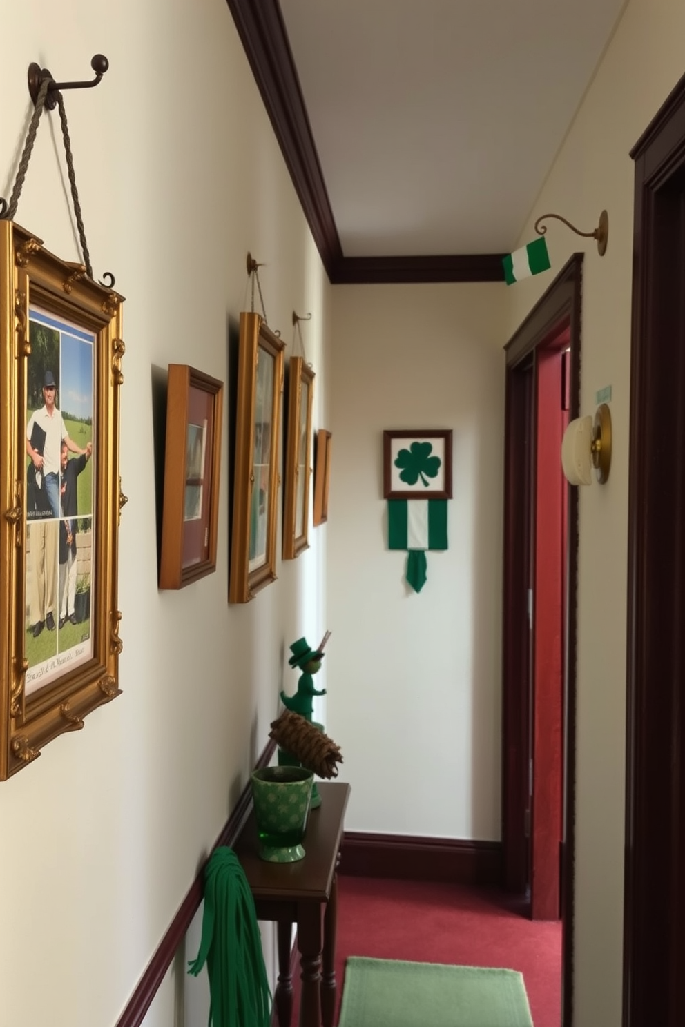 Vintage Irish postcards displayed in ornate frames line the walls of a charming hallway. The space is adorned with subtle St. Patrick's Day decorations, featuring green accents and traditional Irish symbols that evoke a festive atmosphere.