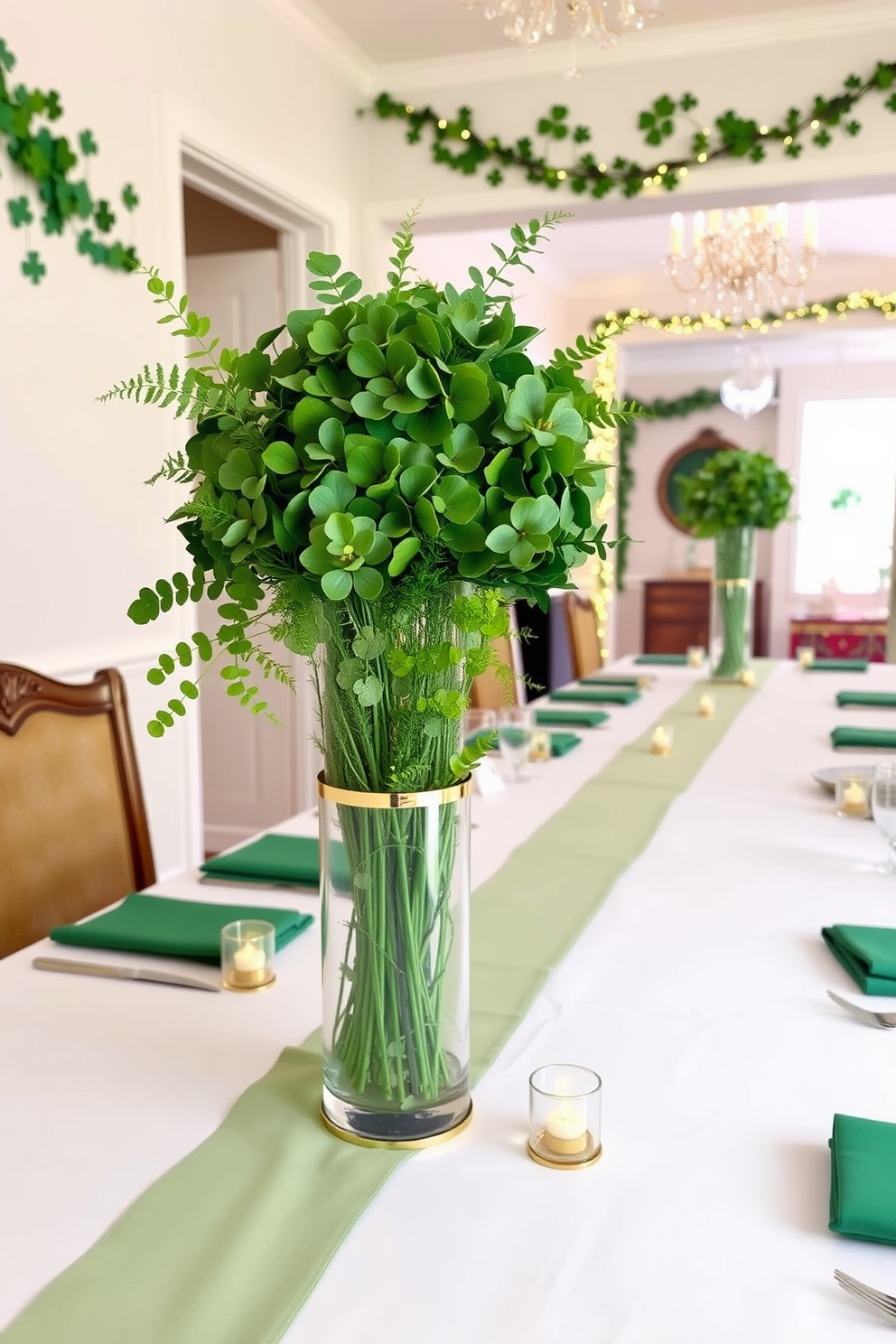 Table centerpieces with green and gold accents. The centerpiece features a lush arrangement of greenery including ferns and eucalyptus, elegantly placed in a gold-rimmed glass vase. Hallway St. Patricks Day Decorating Ideas. The hallway is adorned with garlands of shamrocks and twinkling fairy lights, creating a festive atmosphere that welcomes guests.