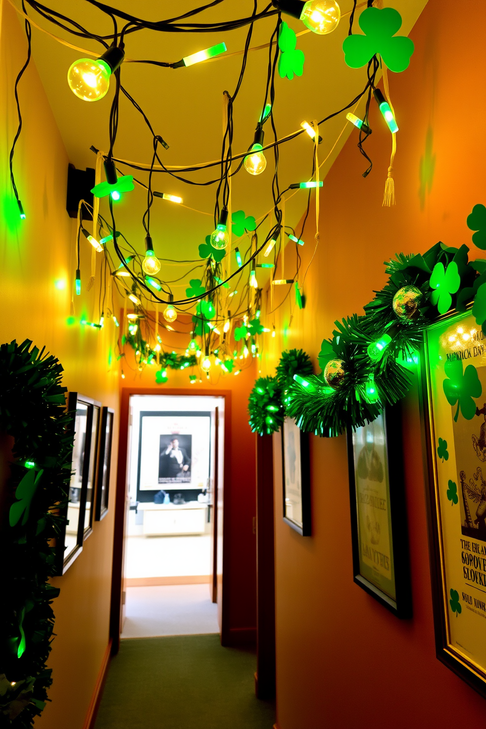 String lights with green and gold hues adorn the hallway creating a festive ambiance. The walls are decorated with shamrock garlands and framed vintage St. Patrick's Day posters, enhancing the celebratory spirit.