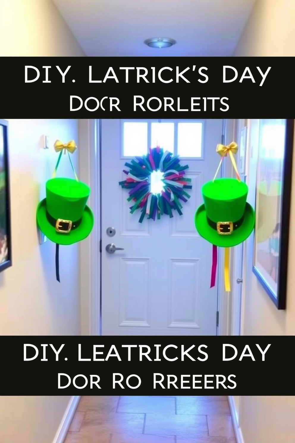 A charming hallway decorated for St. Patrick's Day features DIY leprechaun hats hanging as door hangers. The vibrant green hats are adorned with gold buckles and colorful ribbons, creating a festive and welcoming atmosphere.