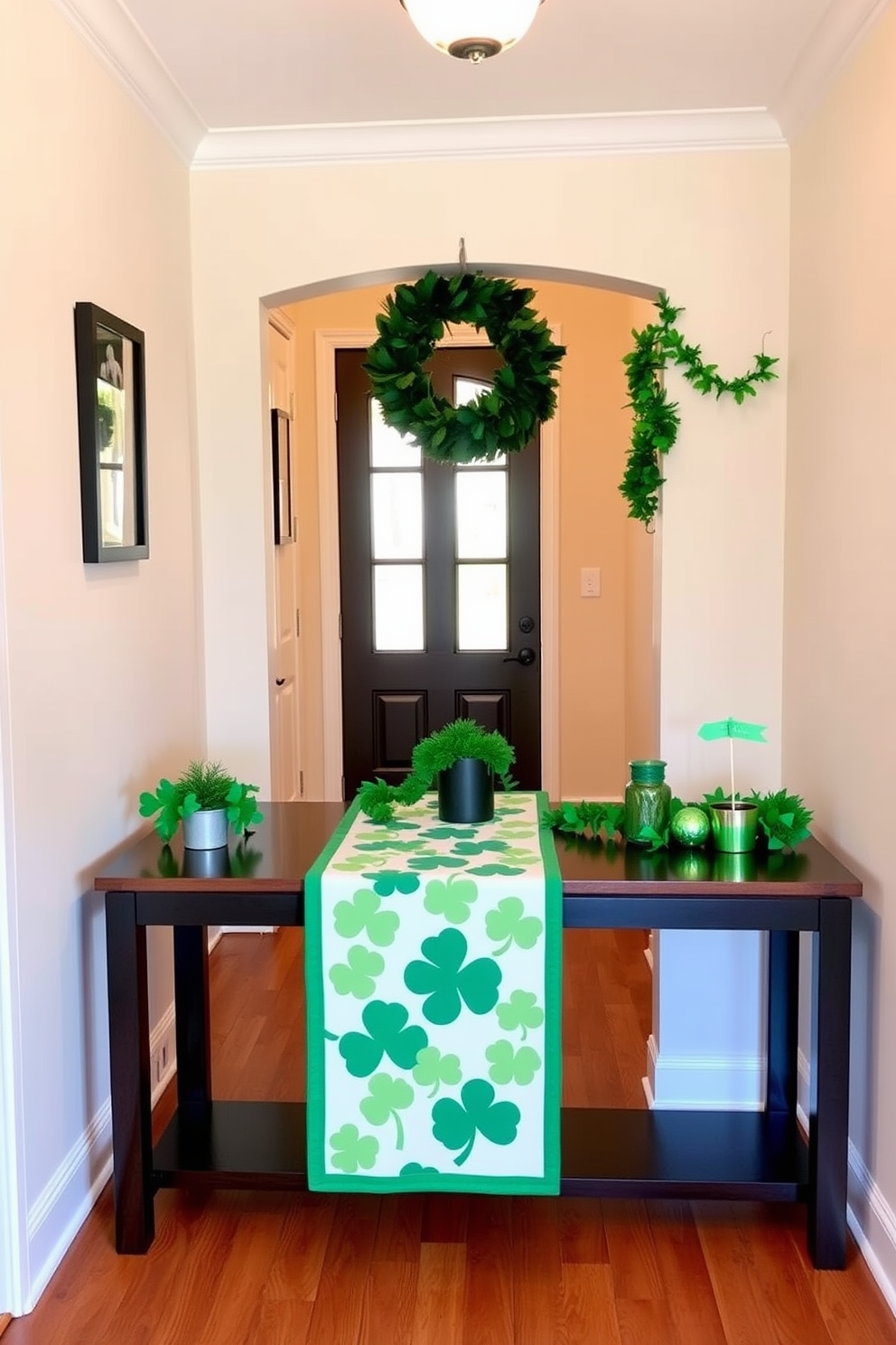 A charming hallway adorned with a clover-themed runner on a sleek wooden table. The walls are painted in a soft cream color, and festive St. Patrick's Day decorations, including green garlands and small potted shamrocks, are artfully arranged on the table.