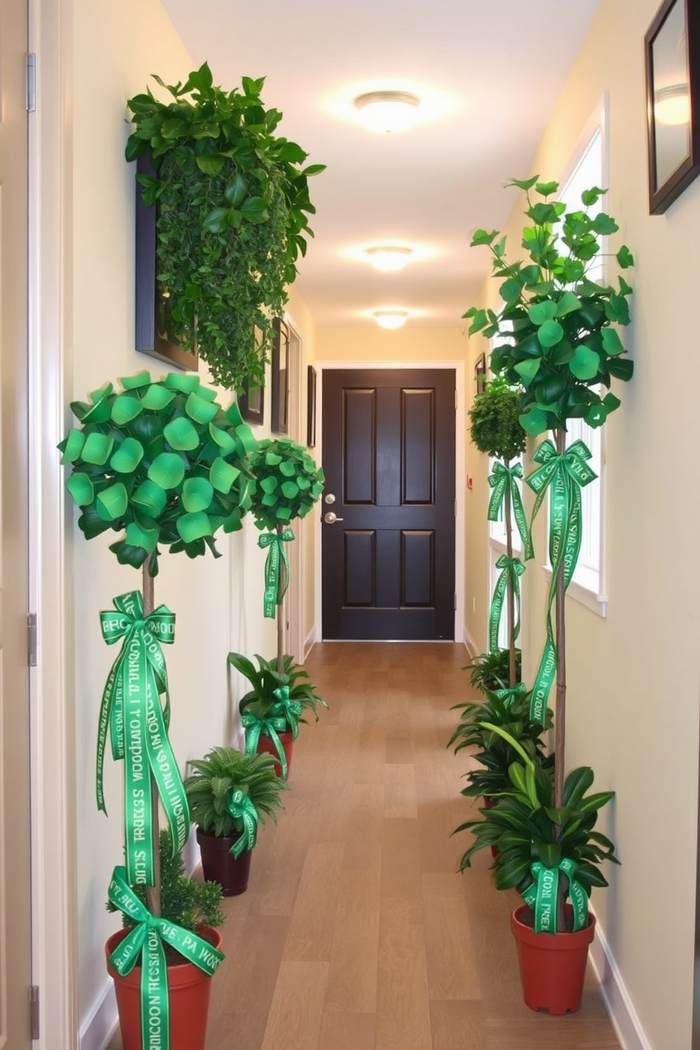 Create a vibrant hallway adorned with potted green plants. Each plant is wrapped in festive ribbons that celebrate St. Patrick's Day, adding a cheerful touch to the space.