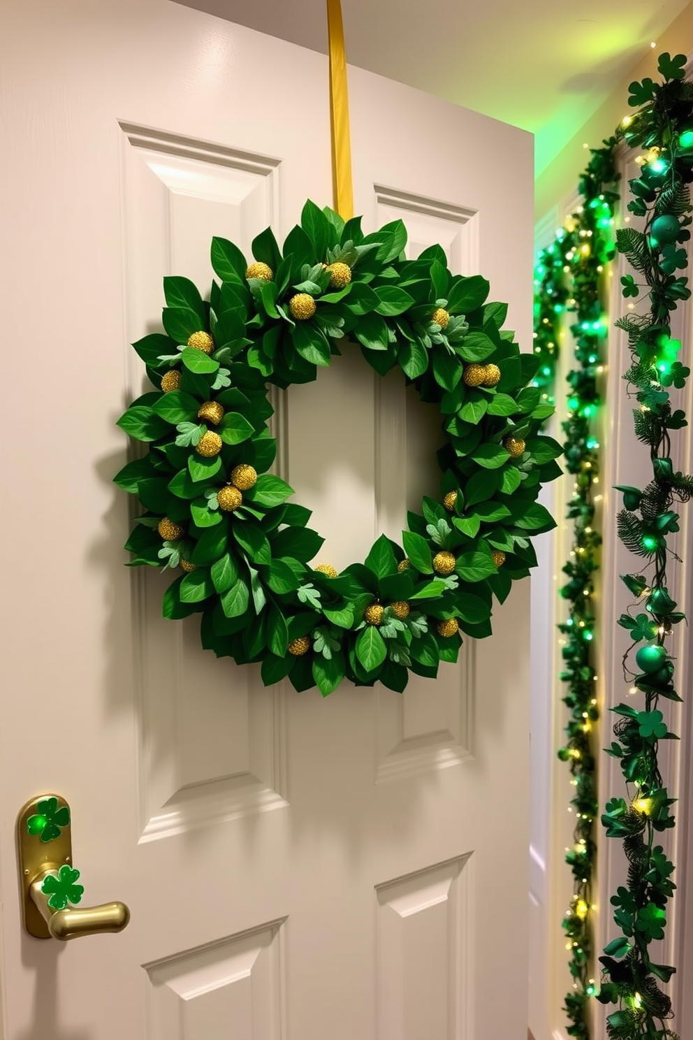 A beautiful wreath made of lush green leaves and shimmering gold accents hangs prominently on the door. The hallway is adorned with festive St. Patrick's Day decorations, featuring garlands of shamrocks and twinkling fairy lights that create a warm and inviting atmosphere.