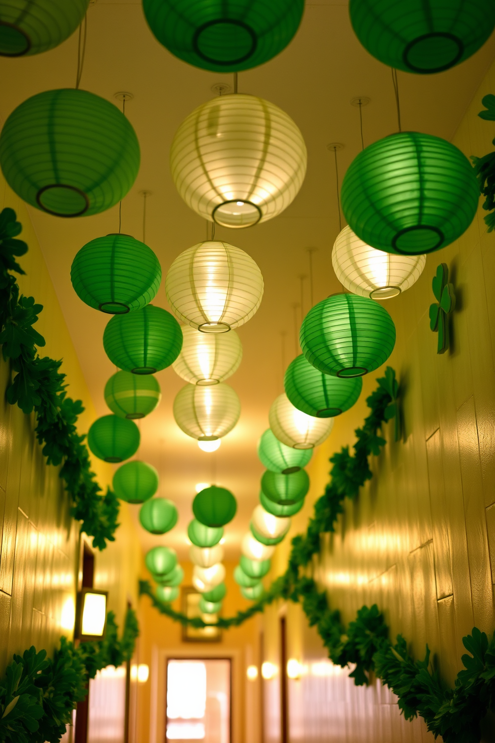 A hallway adorned with hanging paper lanterns in various green shades creates a festive atmosphere for St. Patrick's Day. The walls are decorated with shamrock garlands, and a warm light illuminates the space, enhancing the cheerful ambiance.