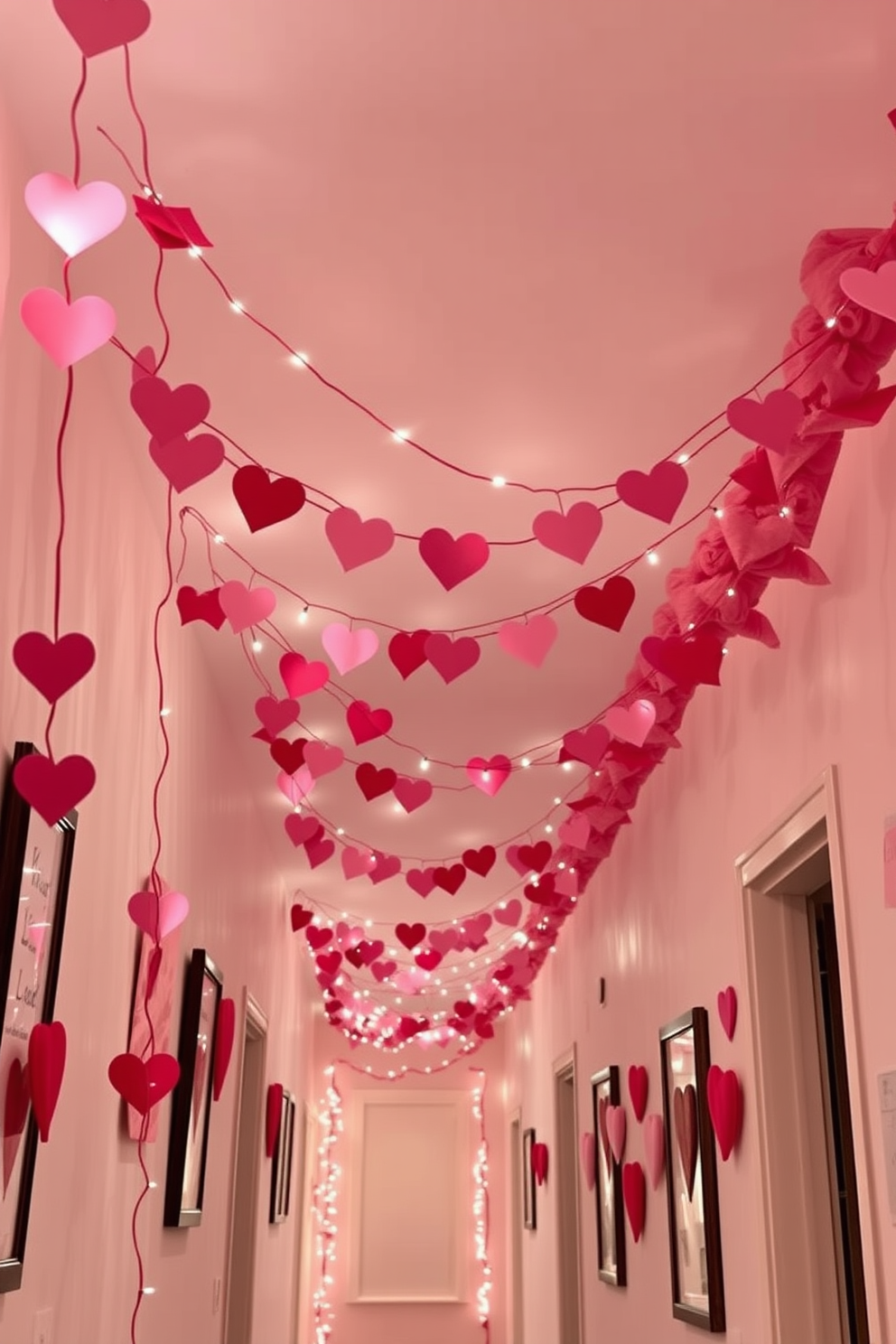 Heart garlands hang gracefully from the ceiling, creating a whimsical and festive atmosphere. The hallway is adorned with soft pink and red accents, inviting warmth and love into the space. Delicate twinkling lights interweave with the garlands, adding a magical glow to the decor. The walls are decorated with framed love notes and heart-shaped art, enhancing the Valentine's Day theme.