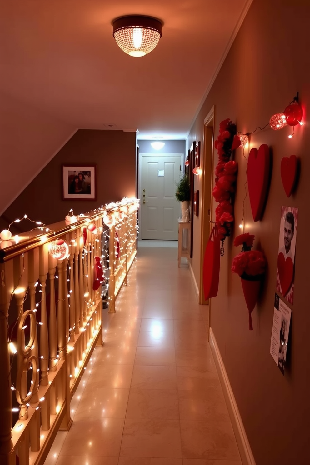 A cozy hallway adorned with string lights wrapped around elegant banisters creates a warm and inviting atmosphere. The soft glow of the lights enhances the romantic vibe, perfect for a Valentine's Day celebration. Delicate decorations in shades of red and pink are tastefully arranged along the walls, featuring heart-shaped accents and floral arrangements. A charming display of love notes and photographs adds a personal touch, making the hallway feel special and festive.