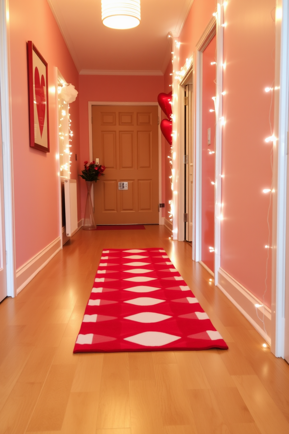 A warm and inviting hallway features a red and white striped runner elegantly laid on the polished wooden floor. The walls are adorned with heart-themed artwork and soft fairy lights, creating a festive atmosphere for Valentine's Day.