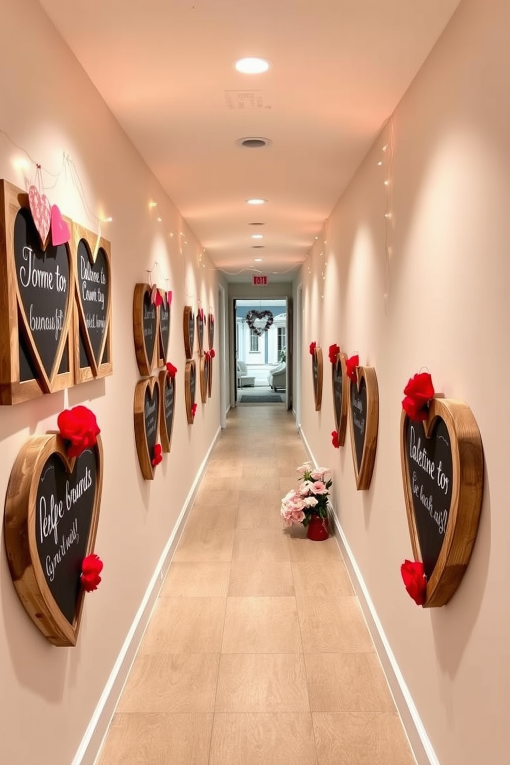 Heart-shaped chalkboards for messages are creatively arranged along the hallway walls. Each chalkboard is framed in rustic wood and adorned with red and pink decorations to enhance the Valentine's Day theme. The hallway is illuminated with soft fairy lights, creating a warm and inviting atmosphere. Fresh flowers in shades of red and white are placed strategically to complement the chalkboards and add a festive touch.