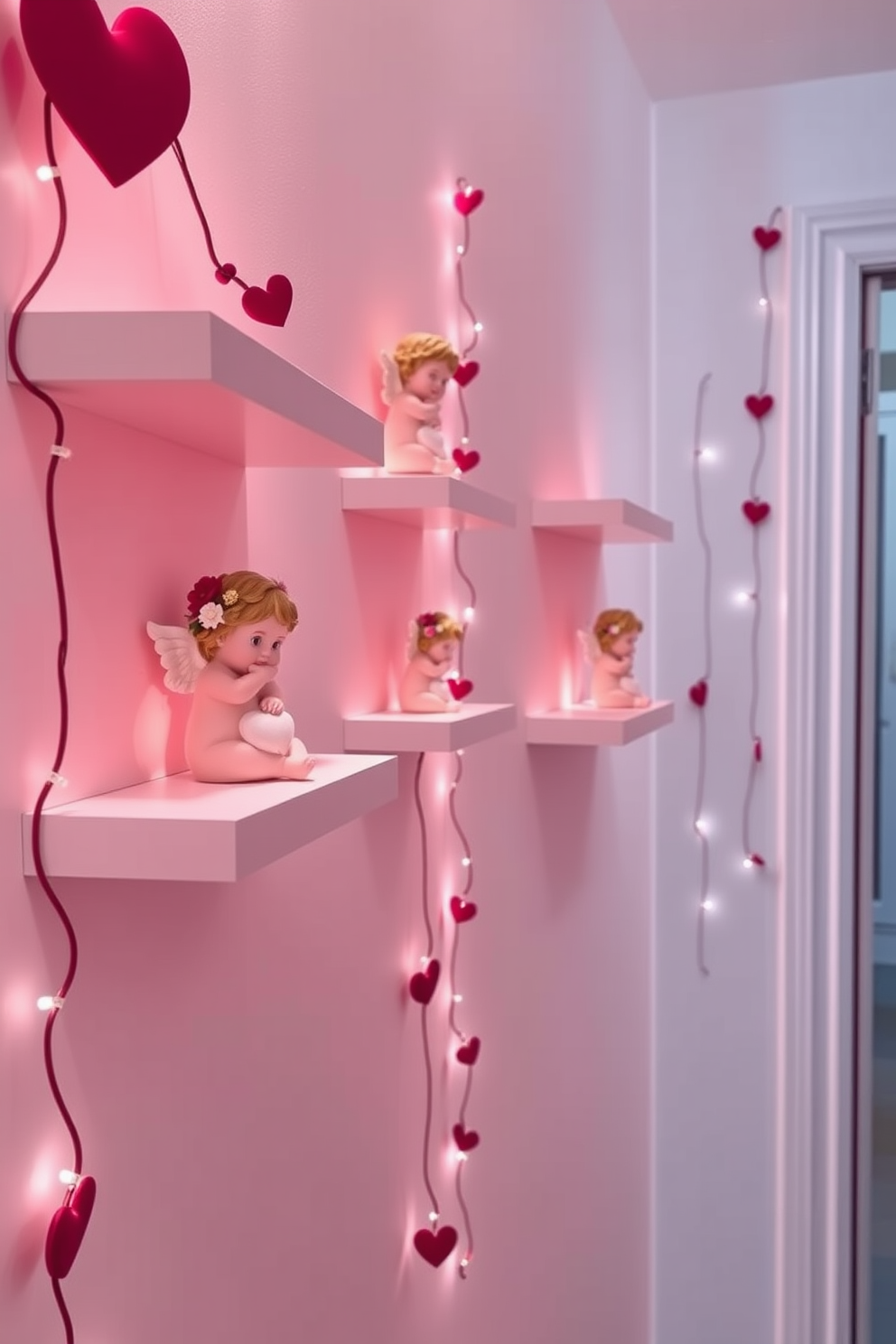 Cute Cupid figurines are placed on floating shelves, each adorned with delicate floral arrangements. The shelves are painted in a soft pastel color, creating a warm and inviting atmosphere in the hallway. Heart-shaped garlands drape elegantly along the walls, adding a festive touch to the space. Soft lighting highlights the Cupid figurines, enhancing their charm and creating a romantic ambiance for Valentine's Day.